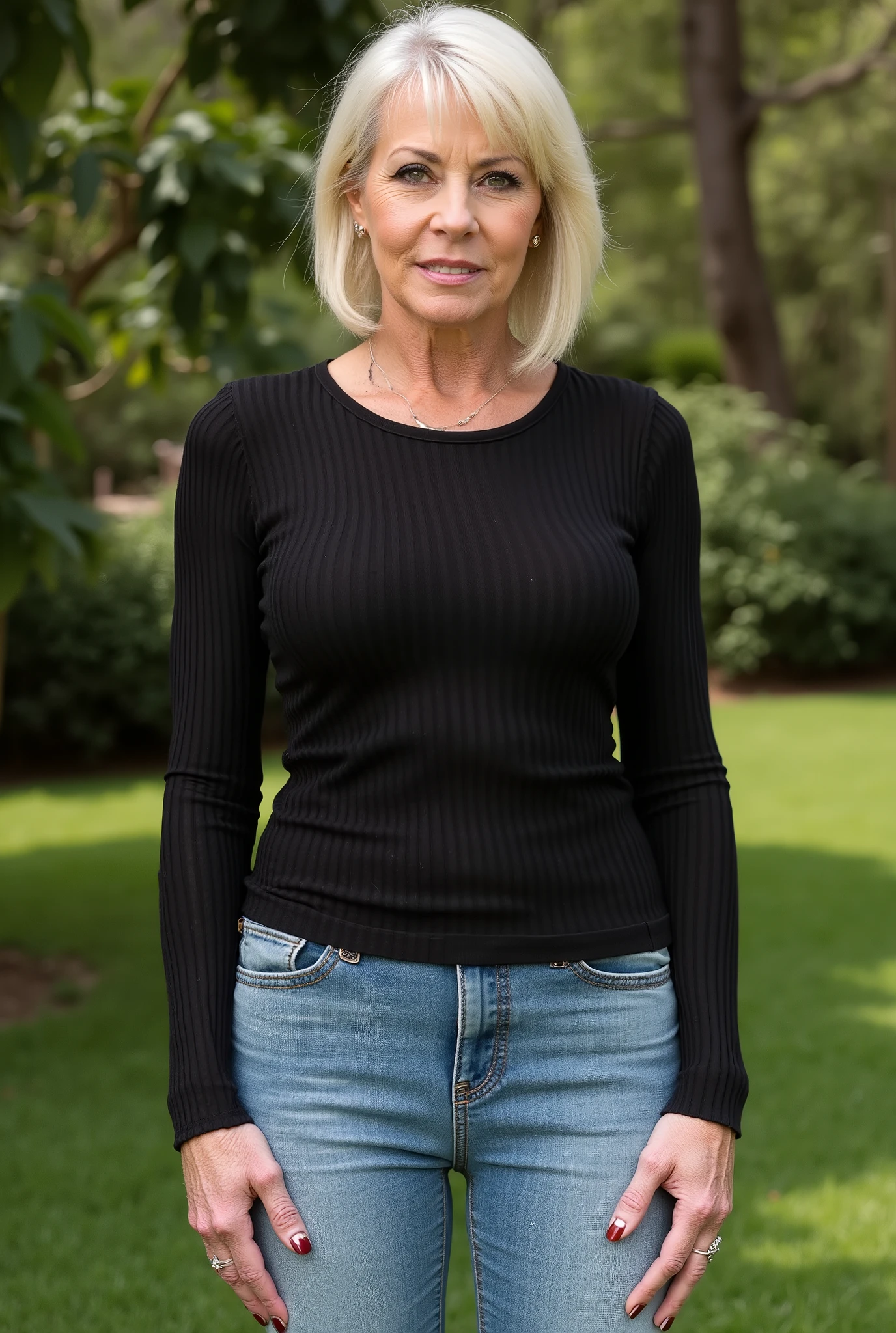 cathie-inez,photorealistic portrait, imposing mature mistress, low angle emphasizing height, black fine-ribbed long sleeve tucked into light blue skinny jeans, commanding downward gaze, mature features with authentic aging, strict authoritative expression, secluded garden setting, natural shadows