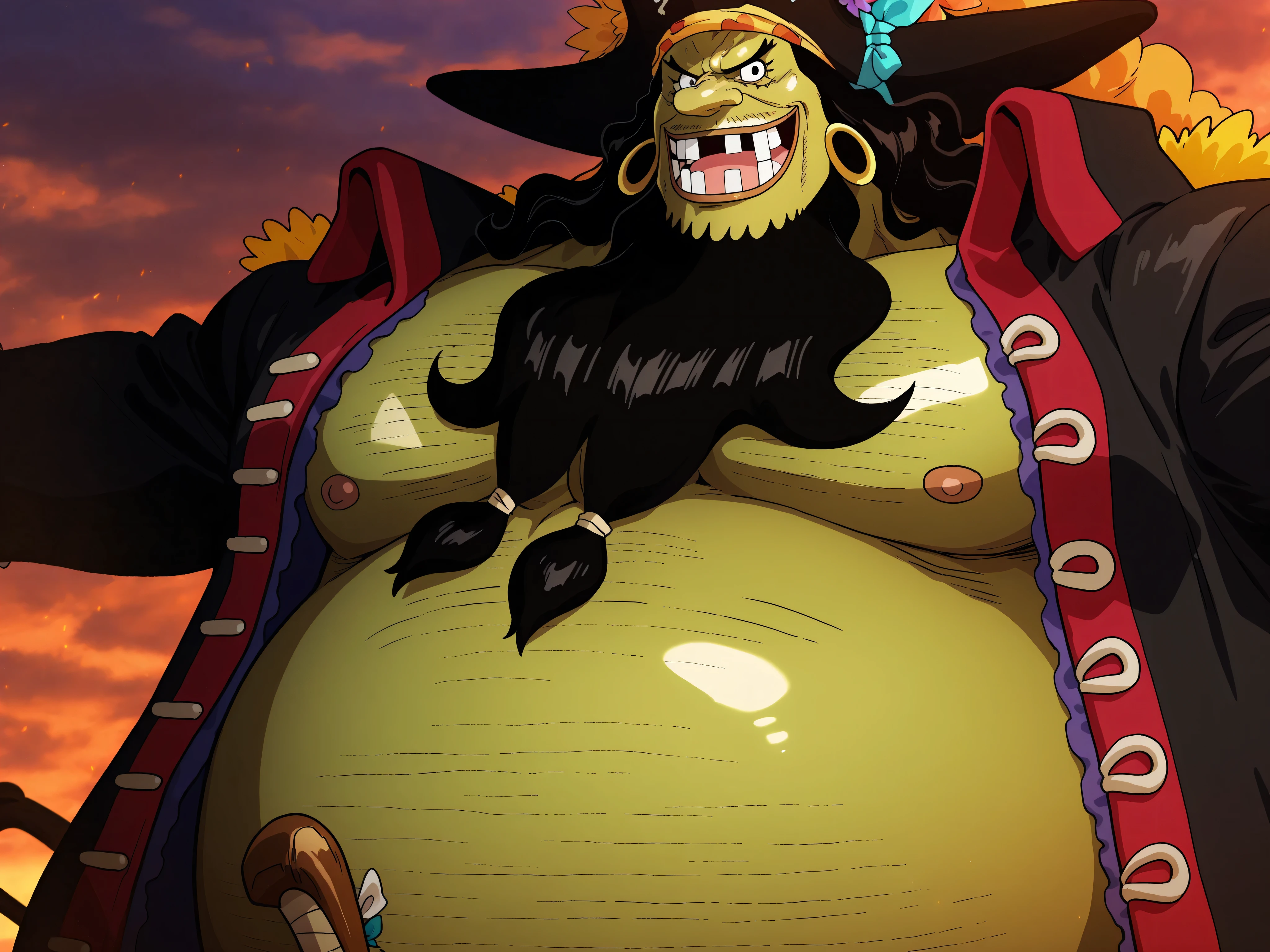  shading, anime screencap, ,marshall d teach, male missing tooth, black eyes,  black beard, long hair male, long nose, hairy man, fat man, huge man, eyelashes, dark-skinned male, facial hair, ugly man,,solo, ((Marshall D. Teach)), ((green skin)), black eyes,  Blackbeard , Long Nose, Fat Man, Giant Male, ((Marshal D. Teach's face)), ((perfect face)), belly showing , perfect eyes, ((perfect teeth))