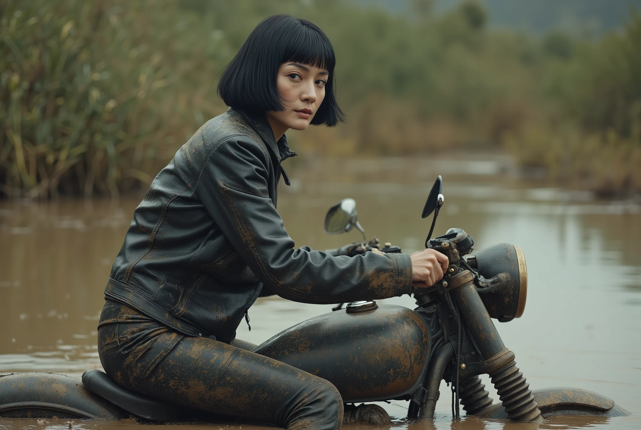 art portrait, minimalism, side view, ugly mature mom over 40 riding a classic motorcycle, stuck in a swamp. faded,, in viscous mud, muddy vegetation, dirt, black bob haircut. dirty dirty leather detailed biker jacket and tight pants.