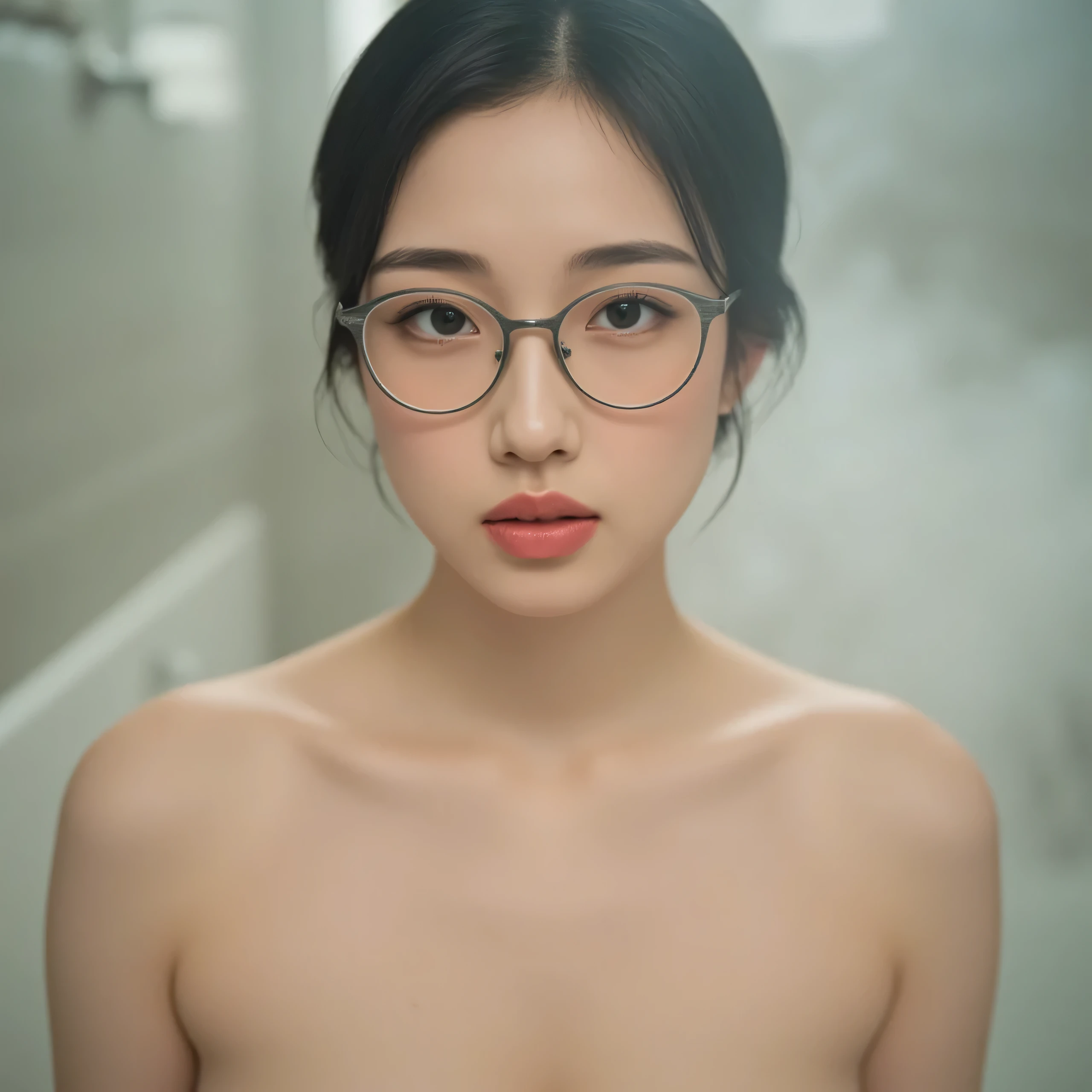 bathroom、my hair up、Pink lips with glasses、upper body、Bewitching、naked、Lips slightly open、shy、背景は湯気で満たされたbathroom、The overall atmosphere in the image is calm and quiet