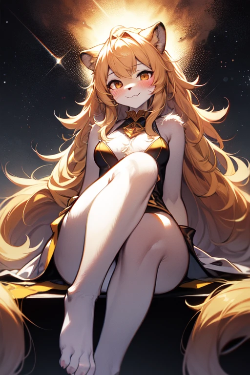 A girl with light peach colour long weavy hair, fix ears, amber golden eyes, slit iris, wearing a dress, long peach colour tail, long nails,