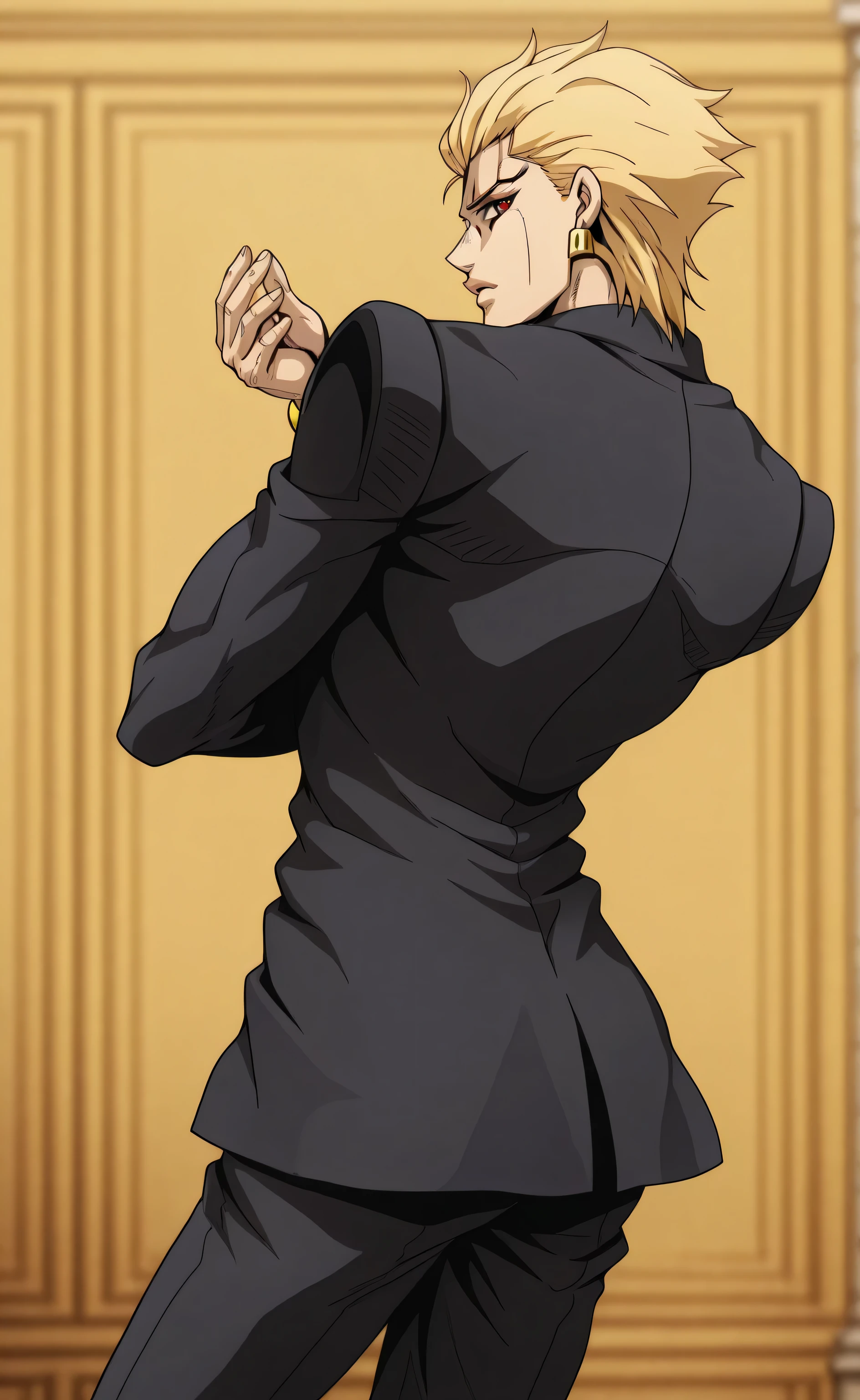 1male,solo,Gilgamesh,short hair,slicked back hair, blond hair,red eyes,black suit,muscle,roma ,italy,Dio Brando's Pose,Jojo Bizarre Adventure