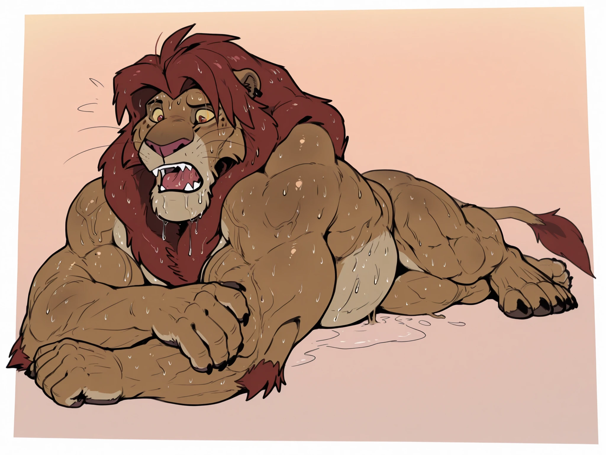 The Lion King 1994, by nightterror, (4k, hi res, detailed face, detailed, Best quality, masterpiece, detailed anatomy, detailed eyes, perfect face), by Mcfan, 1male, (solo), (feral), full body, s1mb4, lion, Simba, heavy, adult, matured, masculine, muscular body, thick body, bulging muscles, red mane and tail, light brownish gold fur, red eyes yellow sclera, ((exhausted)) expression, effort, struggling, (lying over his side), defeated, tongue out, (((sweat, sweat dripping))), very sweaty, big sweat droplets, musky, simple background,