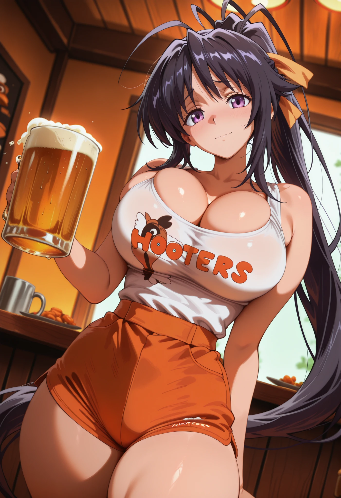 highres, hi res, best quality, masterpiece,, anime coloring, 1girl, large breasts, thick thighs, narrow waist, HootersUniform, employee uniform, short shorts, orange shorts, tank top, white shirt, cleavage, nervous, light smile, dutch angle, naughty pose, looking at viewer, restaurant, solo, one hand on hips, one hand holding beer mug, portrait, dynamic pose, cowboy shot, head tilt, akeno himejima, long hair, black hair, ribbon, very long hair, purple eyes, hair ribbon, ponytail, antenna hair, bursting breasts,
ü