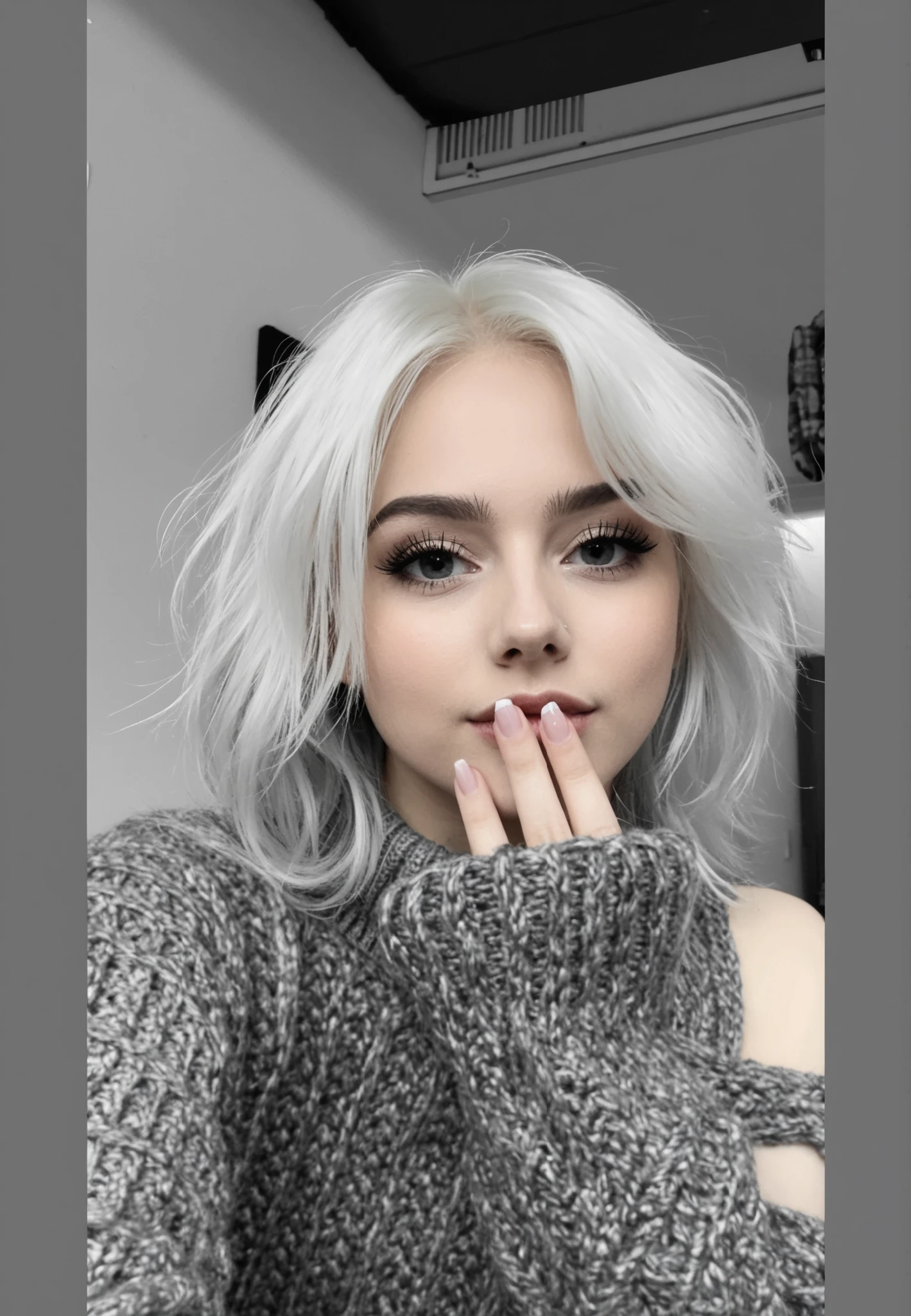 Change the sweater to black and add a darker background 