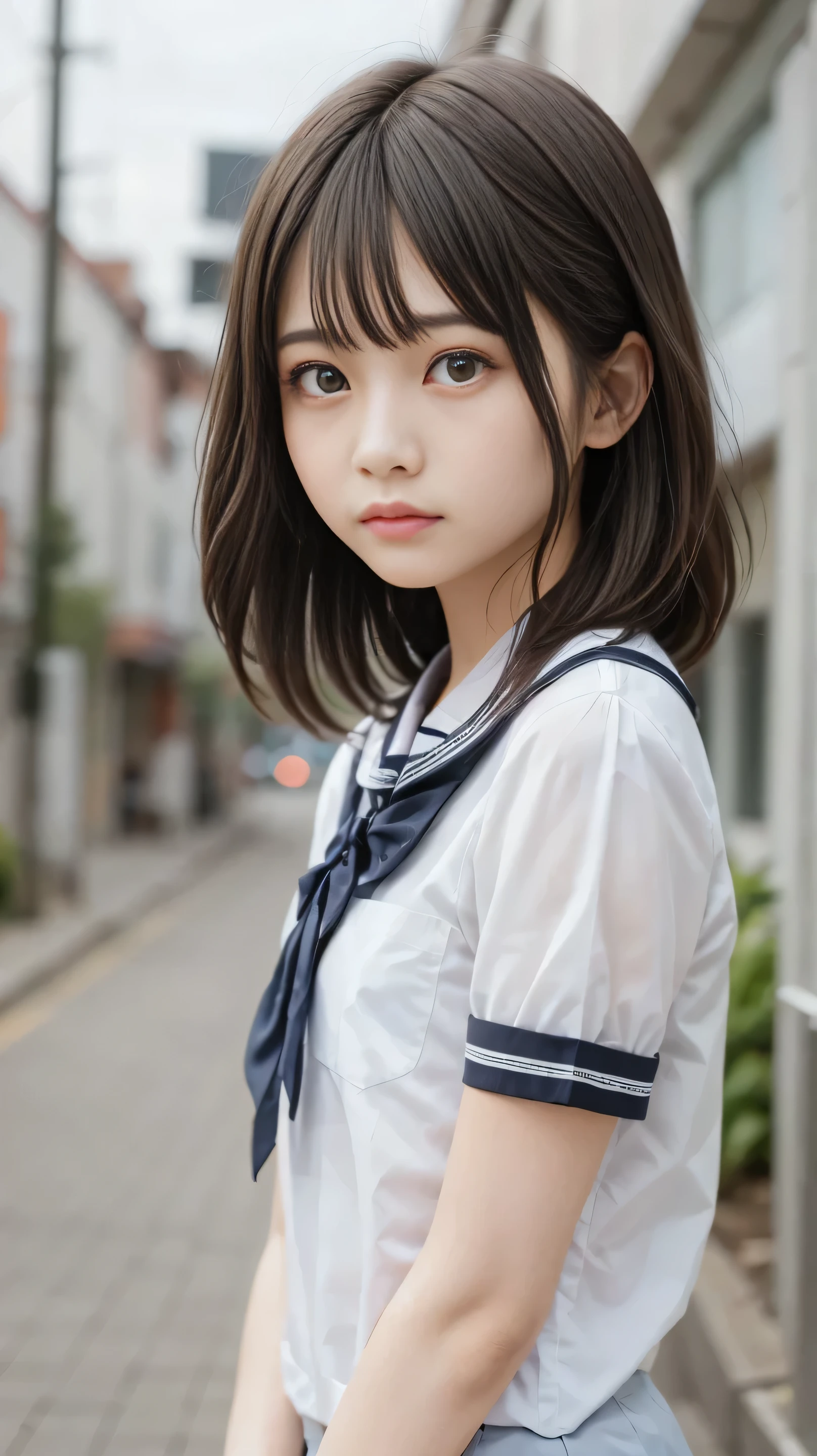 (of the highest quality、masterpiece)、white background、Blurry Background、1girl、beautiful girl、small breasts、Shyness、red blush、ultra high res、Beautiful Woman、Cute Little、 solo、Japanese woman、((15-year-old student、high school girl、very young beautiful girl model))、bright expression、photorealistic、非常にbeautiful girl、beautiful face、((PureErosFace))、glowing white skin from left side、light brown straight hair、 thin hair、 charming beautiful brown eyes 、double eyelids、とてもsmall breasts、fashion girl。Wearing a White Shirt。close-up portrait。Healthy Face。skin care cosmetics、professional lights, written depth、Model Shooting Style,