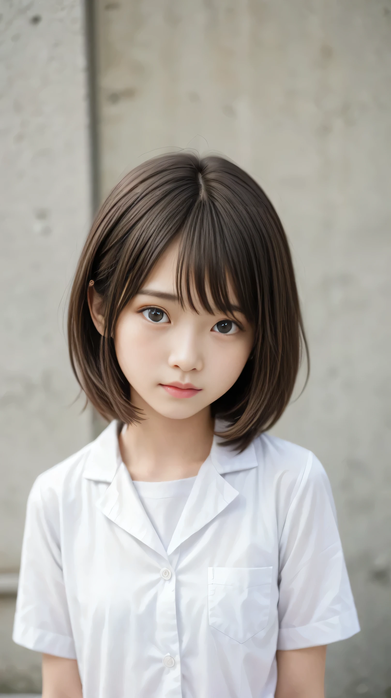 (of the highest quality、masterpiece)、white background、Blurry Background、1girl、beautiful girl、small breasts、Shyness、red blush、ultra high res、Beautiful Woman、Cute Little、 solo、Japanese woman、((15-year-old student、high school girl、very young beautiful girl model))、bright expression、photorealistic、非常にbeautiful girl、beautiful face、((PureErosFace))、glowing white skin from left side、light brown straight hair、 thin hair、 charming beautiful brown eyes 、double eyelids、とてもsmall breasts、fashion girl。Wearing a White Shirt。close-up portrait。Healthy Face。skin care cosmetics、professional lights, written depth、Model Shooting Style,