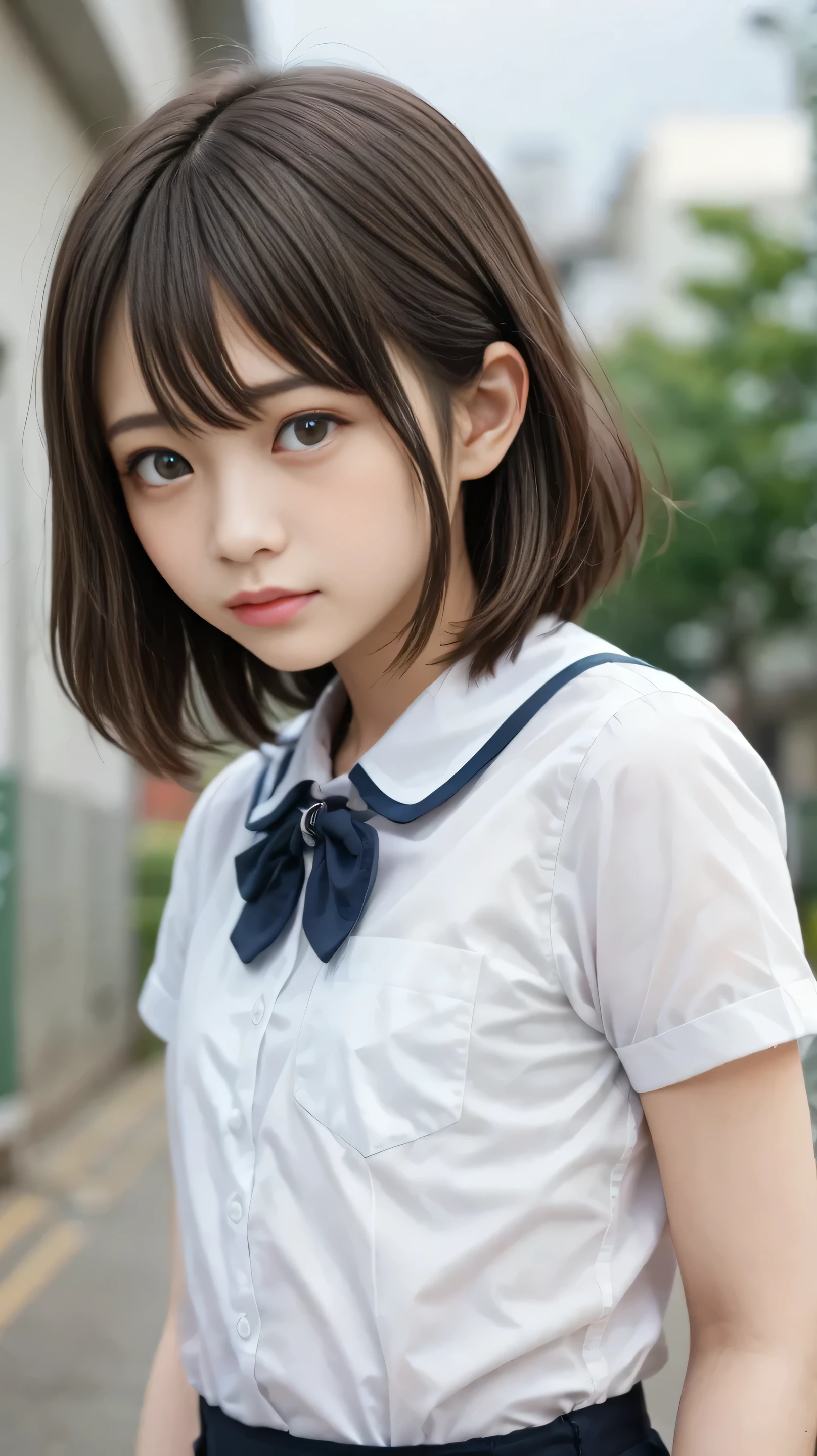 (of the highest quality、masterpiece)、white background、Blurry Background、1girl、beautiful girl、small breasts、Shyness、red blush、ultra high res、Beautiful Woman、Cute Little、 solo、Japanese woman、((15-year-old student、high school girl、very young beautiful girl model))、bright expression、photorealistic、非常にbeautiful girl、beautiful face、((PureErosFace))、glowing white skin from left side、light brown straight hair、 thin hair、 charming beautiful brown eyes 、double eyelids、とてもsmall breasts、fashion girl。Wearing a White Shirt。close-up portrait。Healthy Face。skin care cosmetics、professional lights, written depth、Model Shooting Style,