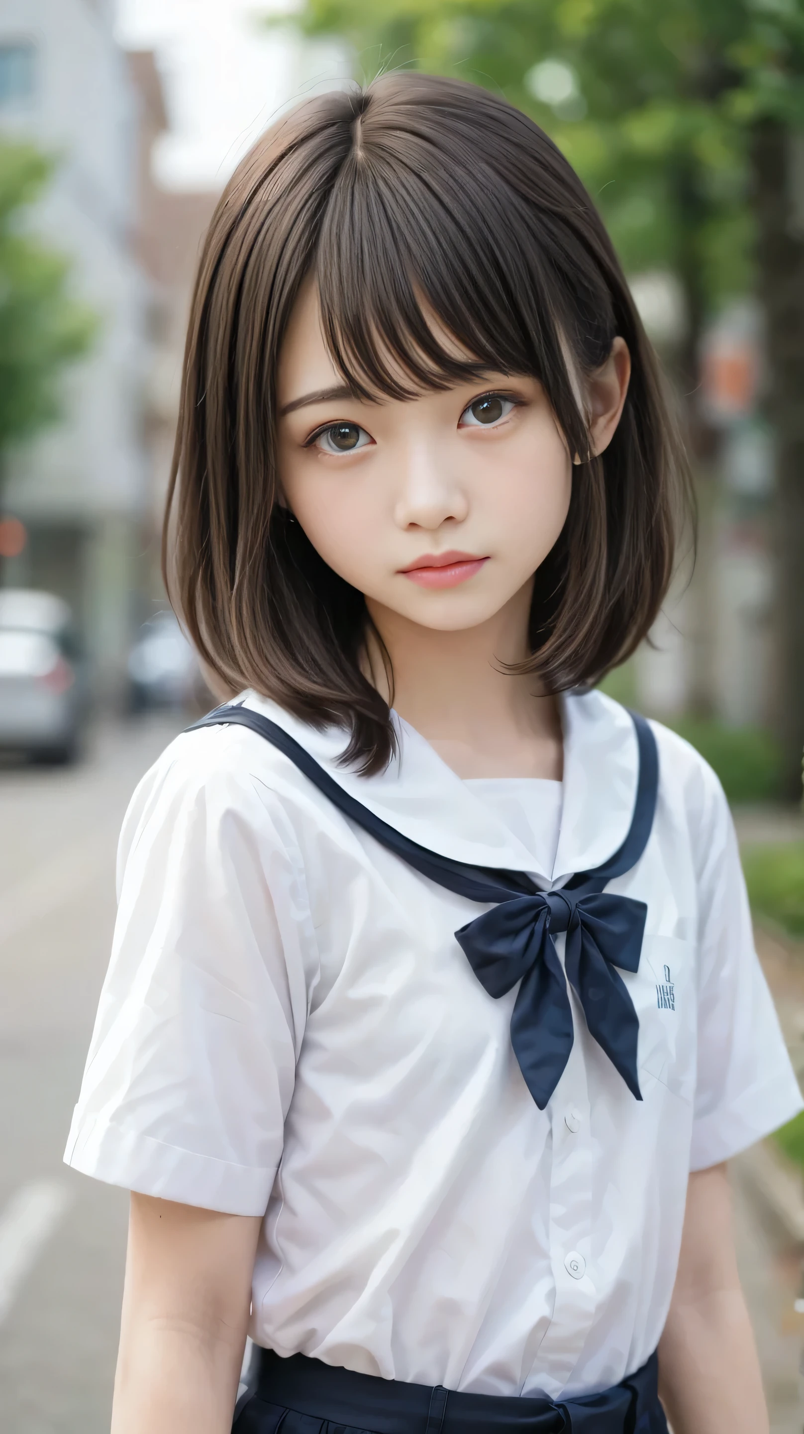 (of the highest quality、masterpiece)、white background、Blurry Background、1girl、beautiful girl、small breasts、Shyness、red blush、ultra high res、Beautiful Woman、Cute Little、 solo、Japanese woman、((15-year-old student、high school girl、very young beautiful girl model))、bright expression、photorealistic、非常にbeautiful girl、beautiful face、((PureErosFace))、glowing white skin from left side、light brown straight hair、 thin hair、 charming beautiful brown eyes 、double eyelids、とてもsmall breasts、fashion girl。Wearing a White Shirt。close-up portrait。Healthy Face。skin care cosmetics、professional lights, written depth、Model Shooting Style,