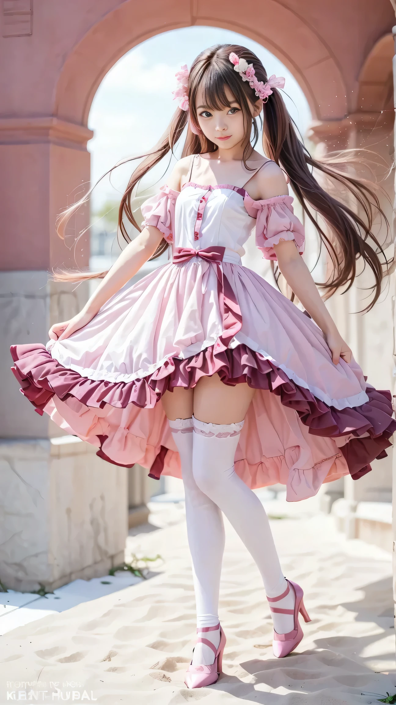 girl in pink dress with pink shoes and pink background, cute girl wearing a nice dress, Loli Dress, key art by Kshart Krenz、Feminine, hyperreal high school girl, Magical Girl,  anime barbie white stockings , Magical Girlの肖像, full body illustration, highly detailed artgerm, (detailed hands:1.3, Perfectly Right Hand:1.3)