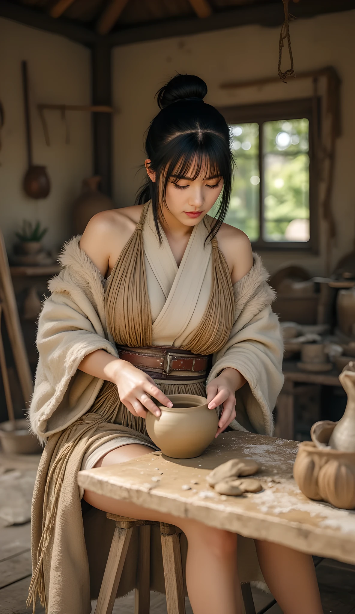 Ancient prehistoric age era,
Stone age era,
((Realistic cinematography ultra wide depth intense stunning inside cave shelter angle of scenery)),a female potter is forming the raw clay on her tableware,(the art of ancient pottery),(crafting),((a female Potter tribe)),wearing fully long fur primitively fabric kimono long coat and straws toga dress,,,(perfectly depth symmetrical curvy body shapely),(cinematic dynamically wide camera angle scenery:accurately depicted:1.3),the lively prehistoric hut pottery workshop depicting scenery,,realistically full depth,(cinematography dynamic angle|hyperrealistic:realistic scenery:3d texture over the scenery),spring season,best videography angle,hdr,(cinematography vibe),primitive wardrobe,(dynamic image composition),(octane 3d rendering|50mm lens shot:1.3),(lifelike skin texture:lifelike thick hairs:fur beanie),(best rule of third photography composition),(best image aperture),(full details depth of field),(best shutter speed),(RAW photo image),(photorealistic|photorealism:hyperrealism style),(realistic depth 3d:cgi:1.3),(trending on cgsociety:devianart:unreal engine 5),,(best photography:national Geographic style), fantasyPunkAi and stonePunkAi artwork, digital art,best lighting concept,(realistic fixed truly fully human's anatomy body+hands+and+fingers anatomical),inspired by farcry5 game artwork.
