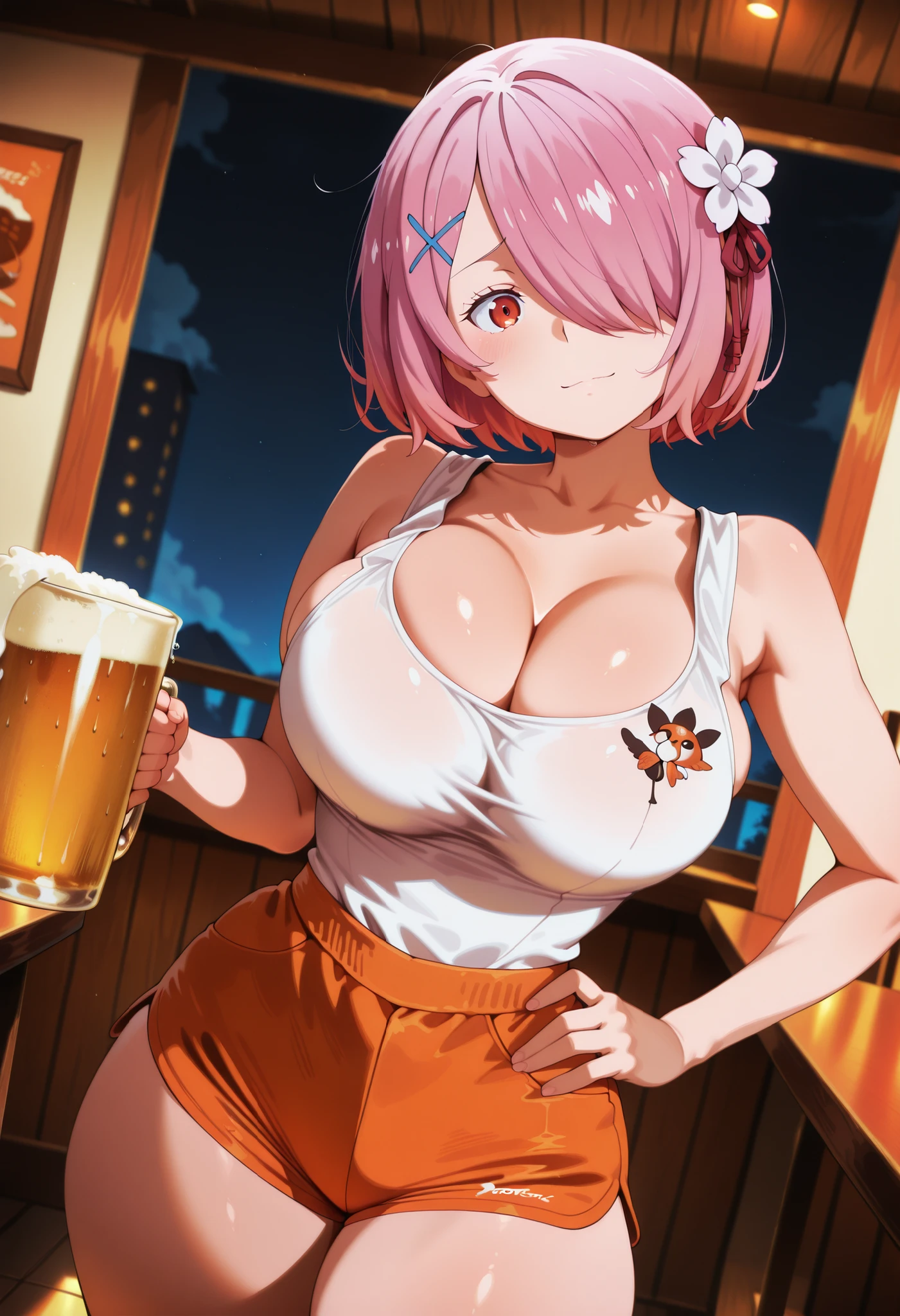 highres, hi res, best quality, masterpiece,, anime coloring, 1girl, large breasts, thick thighs, narrow waist, HootersUniform, employee uniform, short shorts, orange shorts, tank top, white shirt, cleavage, nervous, light smile, dutch angle, naughty pose, looking at viewer, restaurant, solo, one hand on hips, one hand holding beer mug, portrait, dynamic pose, cowboy shot, head tilt, <lora:rezero-ram-s1s2-ponyxl-lora-nochekaiser:1>, ram, hair flower, hair ornament, hair over one eye, pink hair, red eyes, short hair, x hair ornament,, bursting breasts,
