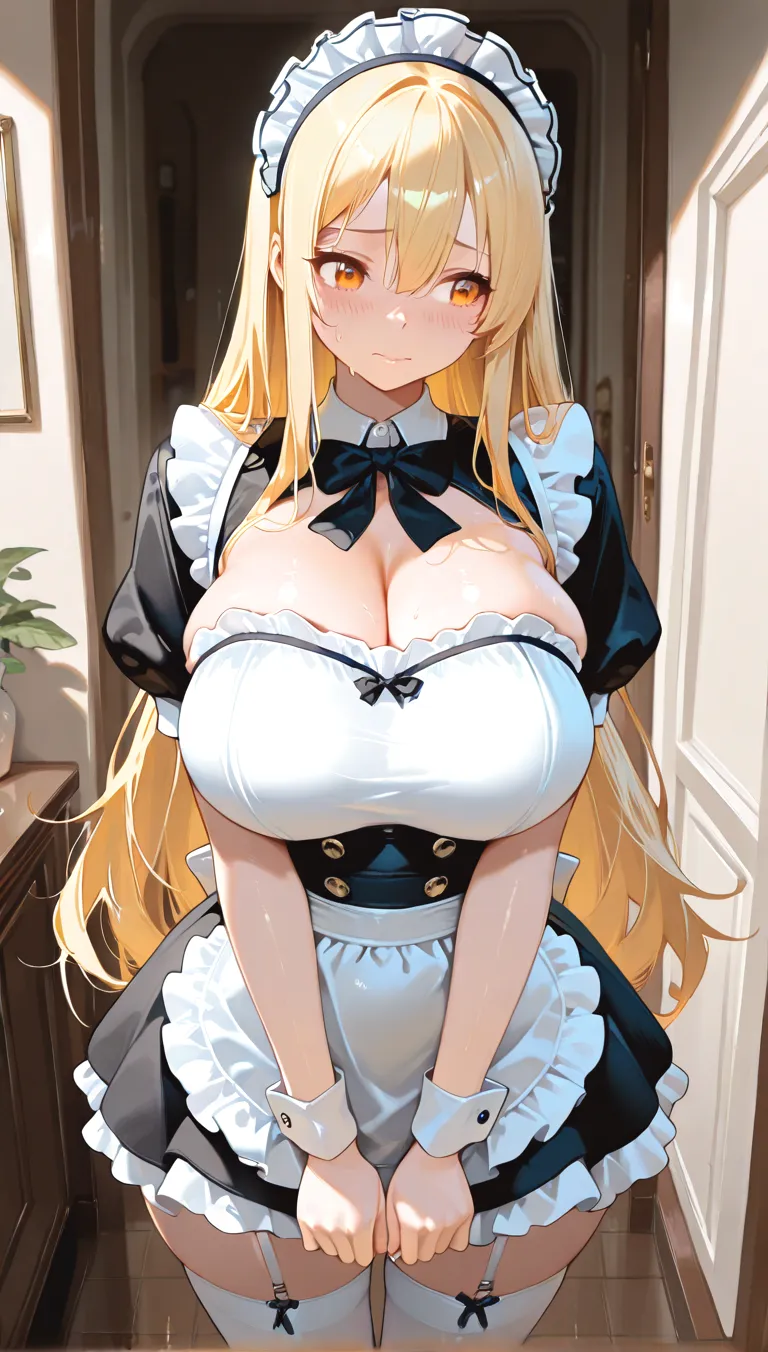 ((highest quality、High resolution))、Beautiful girl、Perfect body、beautiful ample breasts、Nipples、Long blonde、Maid、Embarrassed、Legs wide open、((POV、straddling、having sex))、Creampie