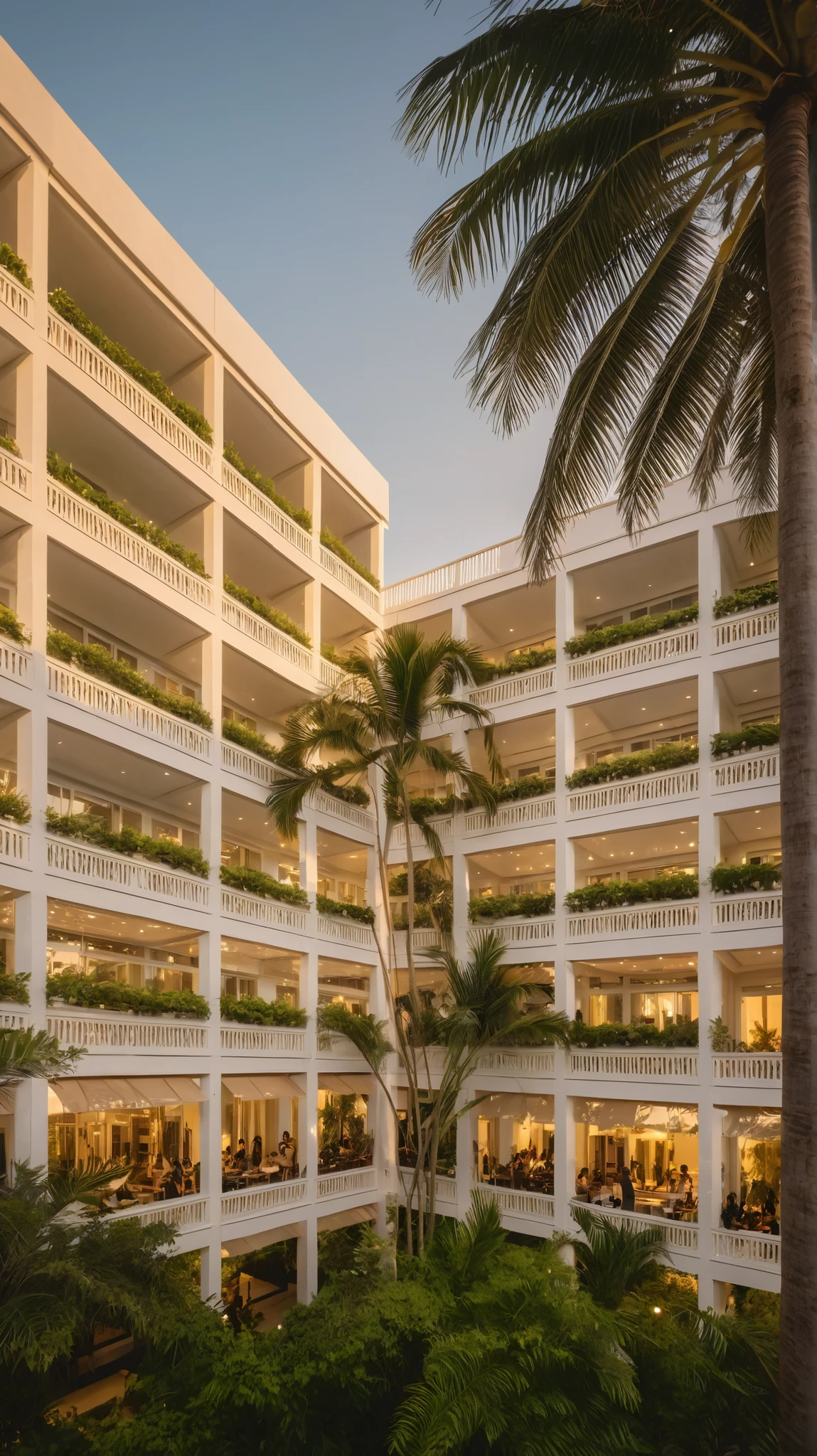 modern luxury hotel, white structure frame, coconut trees, greenery landscape, in the center of city, crowded people, clear sky, sunset time, warm lighting RAW Photo, RAW texture, Super Realistic, 32K UHD, DSLR, soft lighting, high quality, film rating, Fujifilm XT3