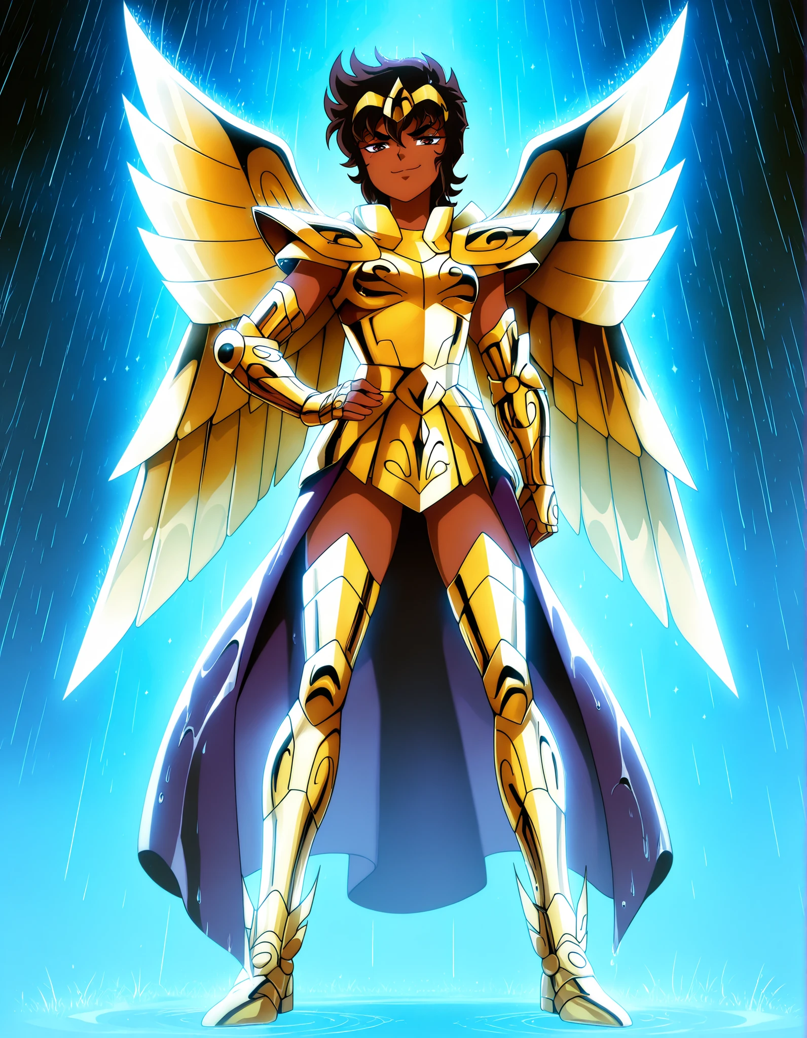 ((Highest Quality)), (Saint Seiya Style), 1girl, solo, Medium breast, thighs, hips, dark skinned, standing, full body, flat chest, hips, thighs, Smug, (Dark brown hair), light brown eyes, pixie cut, dark-skinned female, Dark Skin, dark-skinned, dark Purple princess tiara, Dark Purple tiara, princess tiara, knight robe, player, in starlight night, Medieval royalty full Body golden armor, (Golden royalty full body armor), Full body, dark purple robe, robe under Golden armor, armor over robe, raining, night background, starlight background, green stars, green starlight background, Sagittarius armor, (Golden armored metal wings), Sagittarius armored wings,