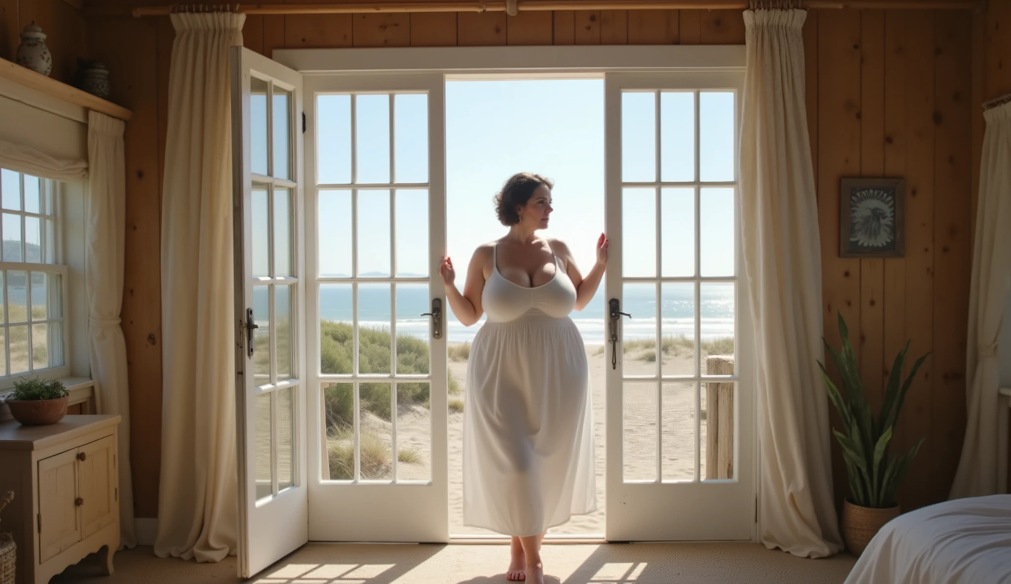 ((RAW Photo)), masterpiece, best quality, (Extremely detailed 8k cinematic film still), ((Peaceful full body shot)), a stunning woman with the ((mature, wise face of HeatherFlux, 60 years old)) and an ((impossibly curvaceous, athletic body with a massive bust)). She is ((standing by a large, open window in her rustic beach house)), looking out at the morning tide. She wears a ((simple, long, white cotton nightgown)). The room is filled with soft, natural morning light. (shot on ARRI Alexa), (((Photographic Perspective of her)))
Negatif Prompt: no bad quality, no blur, no deformity, no ugly, no bad hands, no cartoon, no 3d render, no watermark, no text, no saggy body, no nudity, no topless, no young face, no close-up, no portrait
