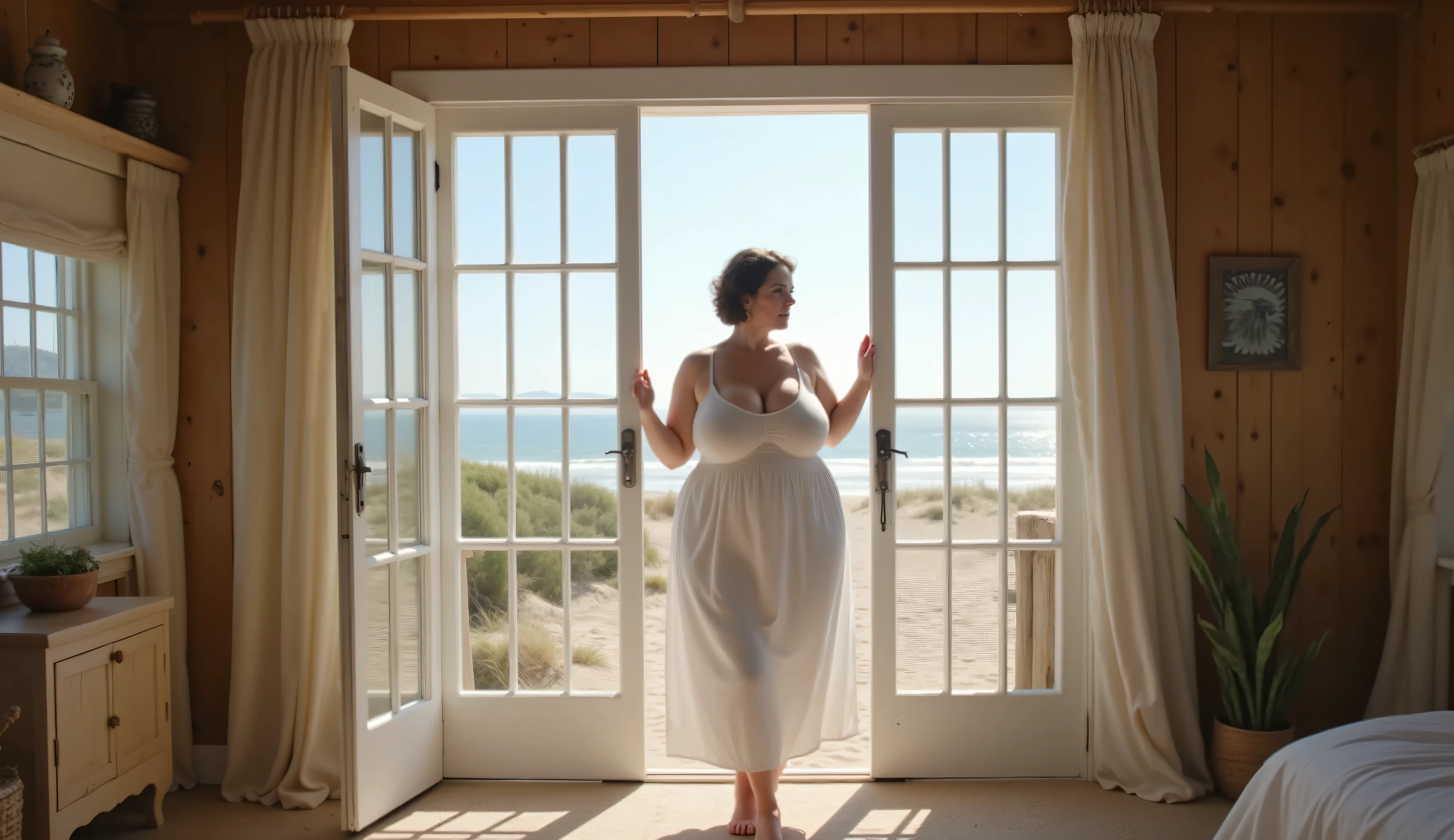 ((RAW Photo)), masterpiece, best quality, (Extremely detailed 8k cinematic film still), ((Peaceful full body shot)), a stunning woman with the ((mature, wise face of HeatherFlux, 60 years old)) and an ((impossibly curvaceous, athletic body with a massive bust)). She is ((standing by a large, open window in her rustic beach house)), looking out at the morning tide. She wears a ((simple, long, white cotton nightgown)). The room is filled with soft, natural morning light. (shot on ARRI Alexa), (((Photographic Perspective of her)))
Negatif Prompt: no bad quality, no blur, no deformity, no ugly, no bad hands, no cartoon, no 3d render, no watermark, no text, no saggy body, no nudity, no topless, no young face, no close-up, no portrait