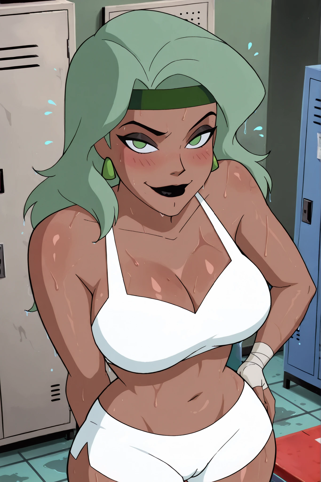 BREAK, score_6_up, score_7_up, score_8_up, score_9, 1girl, solo, Fuego_XL, jewelry, earrings, dark skin, makeup, headband, lipstick, makeup, black lips, green headband, green eyes, dark-skinned female, green hairband, parted chin, very large breasts, busty, cleavage, curvy, athletic, looking at viewer, seducing viewer, teasing viewer, seductive expression, smiling, closed mouth, bedroom eyes, white bikini top, white workout shorts, white hand wraps, indoors, locker room, standing, closeup, portrait, upper body, high-angle view, blushing, dark green eyeshadow, black mascara, sweaty, sweat drops, wet skin, shiny skin, cameltoe, thick thighs, wide hips, hand on waist