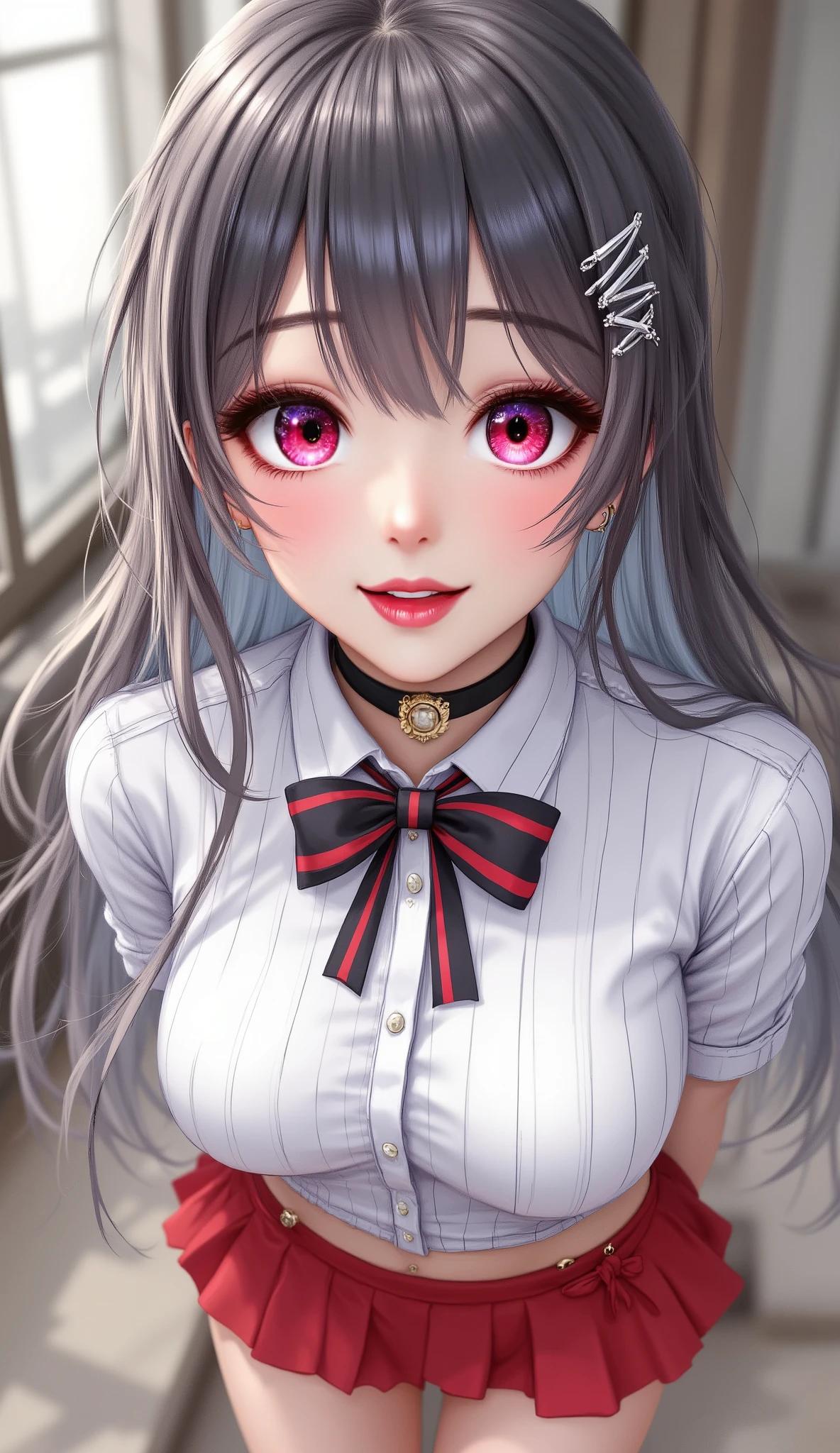 masterpiece,best quality,amazing quality, absurdres,  sakamata chloe, sakamata chloe \(gyarumata\), 1girl, black choker, black hair, blush, bow, bowtie, breasts, choker, diagonal-striped bow, diagonal-striped bowtie, diagonal-striped clothes, ear piercing, from below, grey hair, hair ornament, hairclip, long hair, looking at viewer, looking down, multicolored hair, o-ring, o-ring choker, official alternate costume, open mouth, panties, piercing, red eyes, red skirt, shirt, side-tie panties, skirt, smile, solo, streaked hair, striped clothes, underwear, virtual youtuber, white shirt, x hair ornament