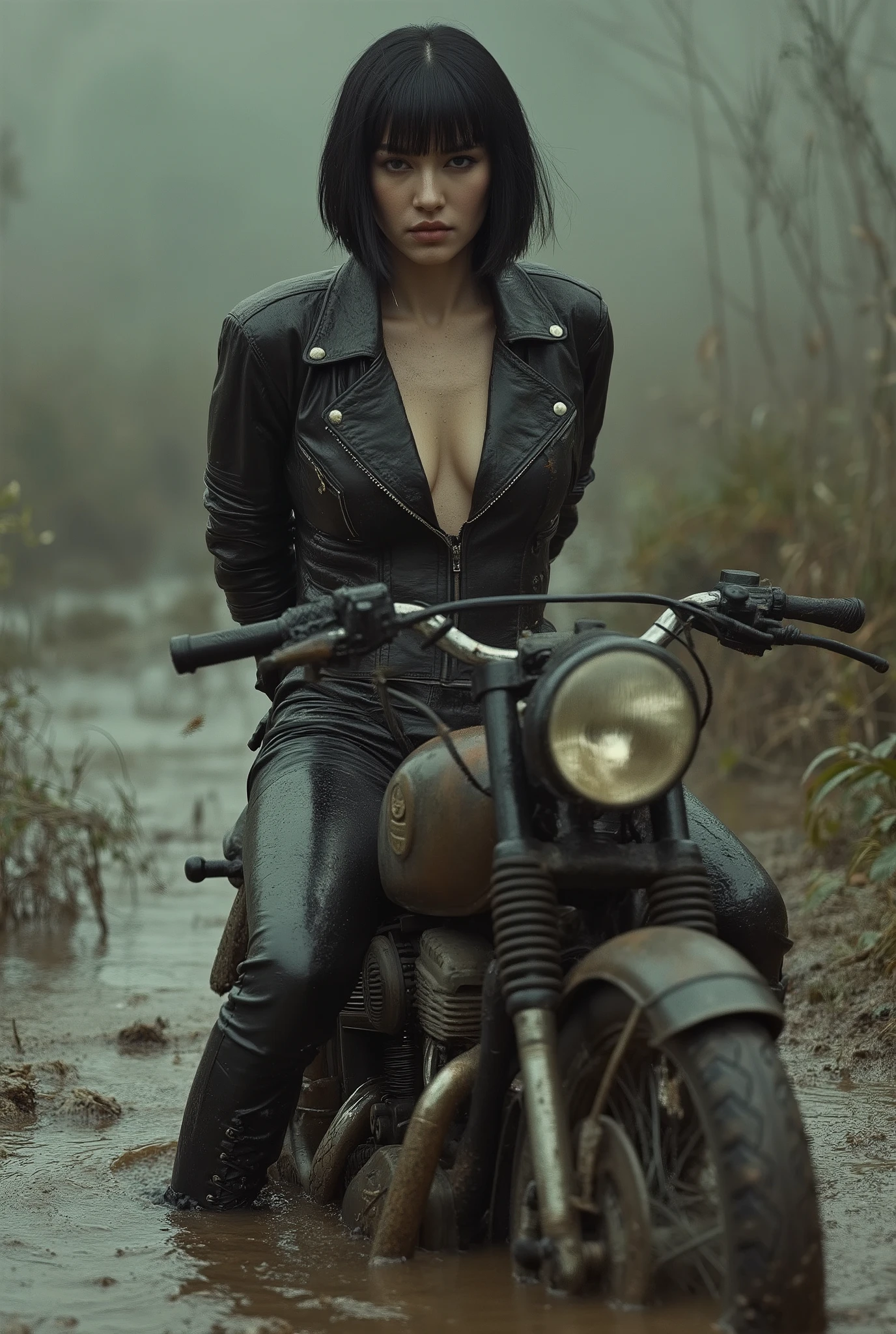 art portrait, minimalism, ugly mature mom over 40 riding a classic motorcycle, stuck in a swamp. faded, in viscous mud, muddy vegetation, dirt, black bob haircut. dirty dirty leather detailed biker jacket and dirty leather tight pants with laces with embossing. hands behind, sexual tension