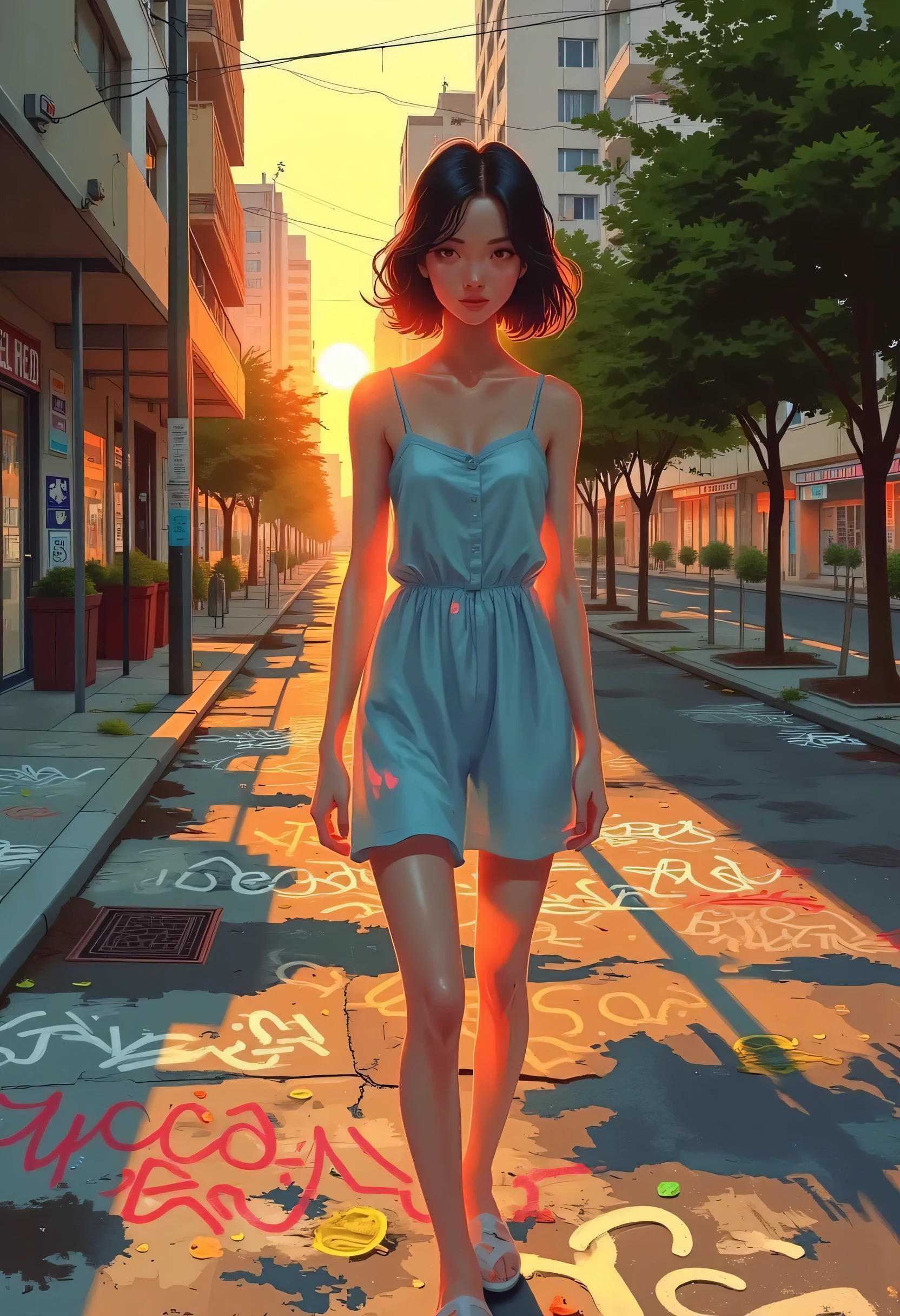 This cinematic illustration shows a woman standing outdoors in an urban area, illuminated by the orange sunset. She is wearing a light blue casual camisole dress, medium bob hair, and subtle makeup with red lipstick. A cityscape is visible in the background, and graffiti is painted on the asphalt. The setting sun casts beautiful shadows on the woman and the ground, creating a lonely atmosphere of a summer evening. Beautiful shadow depiction.