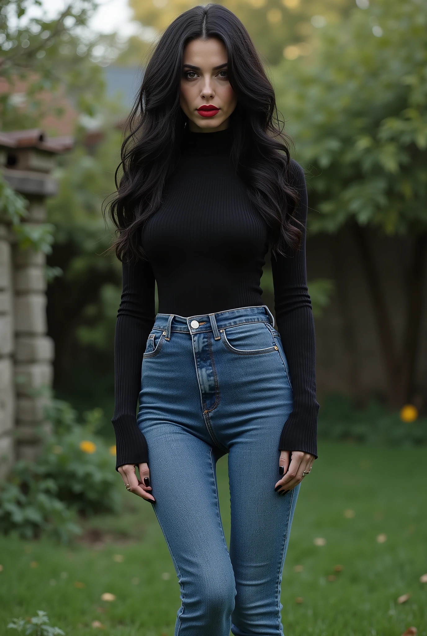 Photorealistic, full-body shot of a mature, commanding mistress. She towers over the viewer in a secluded backyard. A striking European beauty with long, wavy black hair, light skin, and bold red lipstick. She wears skin-tight light blue ultra-skinny jeans and a black fine-ribbed, tight long-sleeve top tucked neatly into her jeans. Her long, slender legs emphasize her imposing stance. She gazes down with a stern, commanding expression — radiating authority, dominance, and strict discipline. The atmosphere exudes menacing, intimidating vibes as she asserts her power and control.