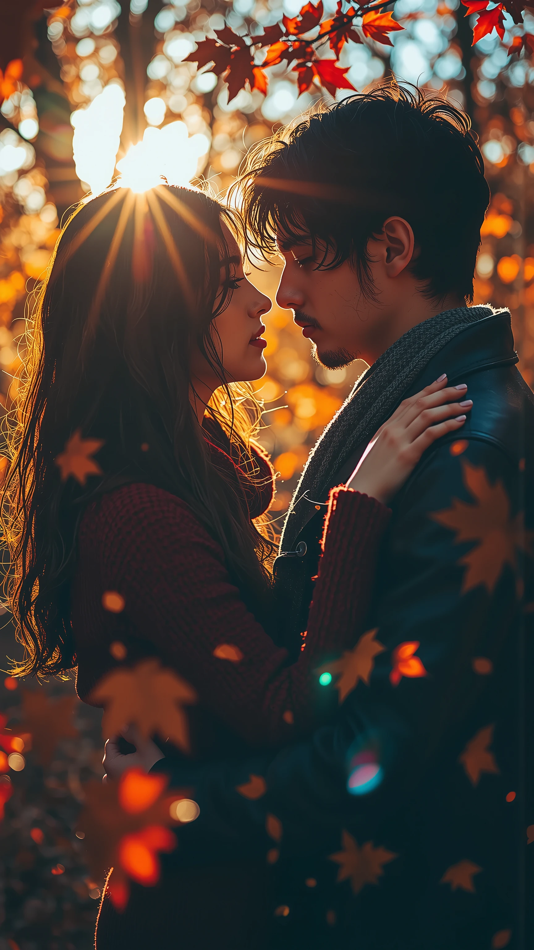 intimate close-up portrait of couple in passionate embrace under autumn trees, her burgundy knit sweater and his leather jacket with warm scarf perfectly framing their connection, dramatic cinematic lighting with golden sunlight creating ethereal lens flare through red-orange maple leaves, moody color grading emphasizing deep browns and rich amber tones, fallen leaves swirling around them, tilt-shift lens effect, ultra-shallow depth of field at f/1.4, emotional storytelling with visible breath between their almost-touching lips, soft backlight rimming their silhouettes, muted teal and orange color palette, morning mist adding atmosphere, dew drops on autumn foliage catching light, artistic motion blur, professional photography, emotional depth, dreamy bokeh effect