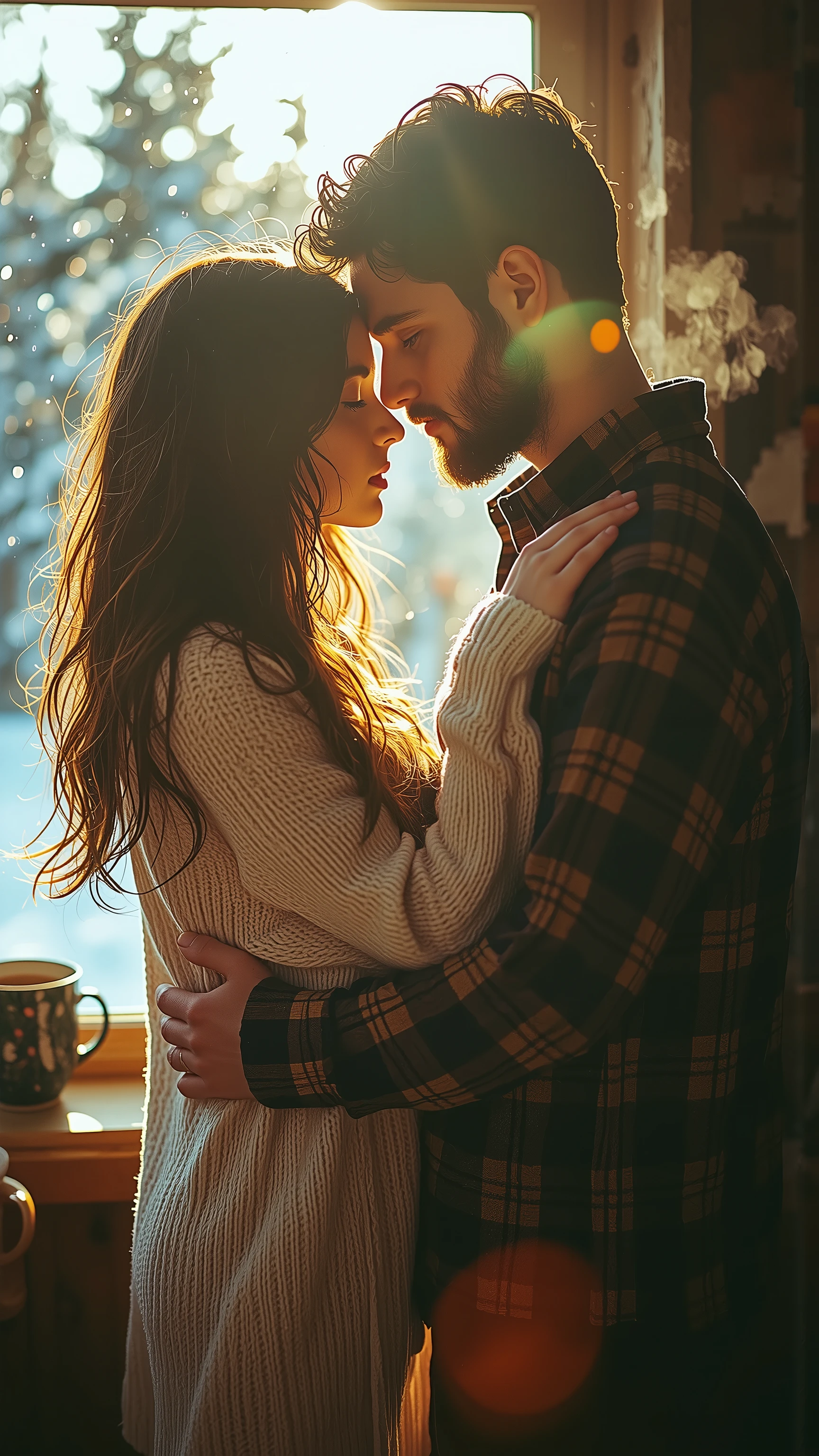 intimate close-up portrait of couple in tender embrace inside cozy wooden cabin, she wearing soft cream cable-knit sweater and he in rustic flannel shirt, dramatic cinematic lighting as morning sunlight creates ethereal lens flare through frost-covered window panes, snowy forest visible beyond, moody color grading emphasizing warm browns of wooden interior against cool blues of winter scene outside, steam rising from coffee mugs on windowsill, ultra-shallow depth of field at f/1.4, emotional storytelling with their warm breath visible in cold morning air, soft rim lighting outlining their silhouettes, rich earthy color palette with golden highlights, crackling fireplace adding warm ambient glow, snowflakes falling visible through window, professional photography, cozy intimate atmosphere, morning light casting dramatic shadows through window frame, natural wood grain textures, dreamy bokeh effect