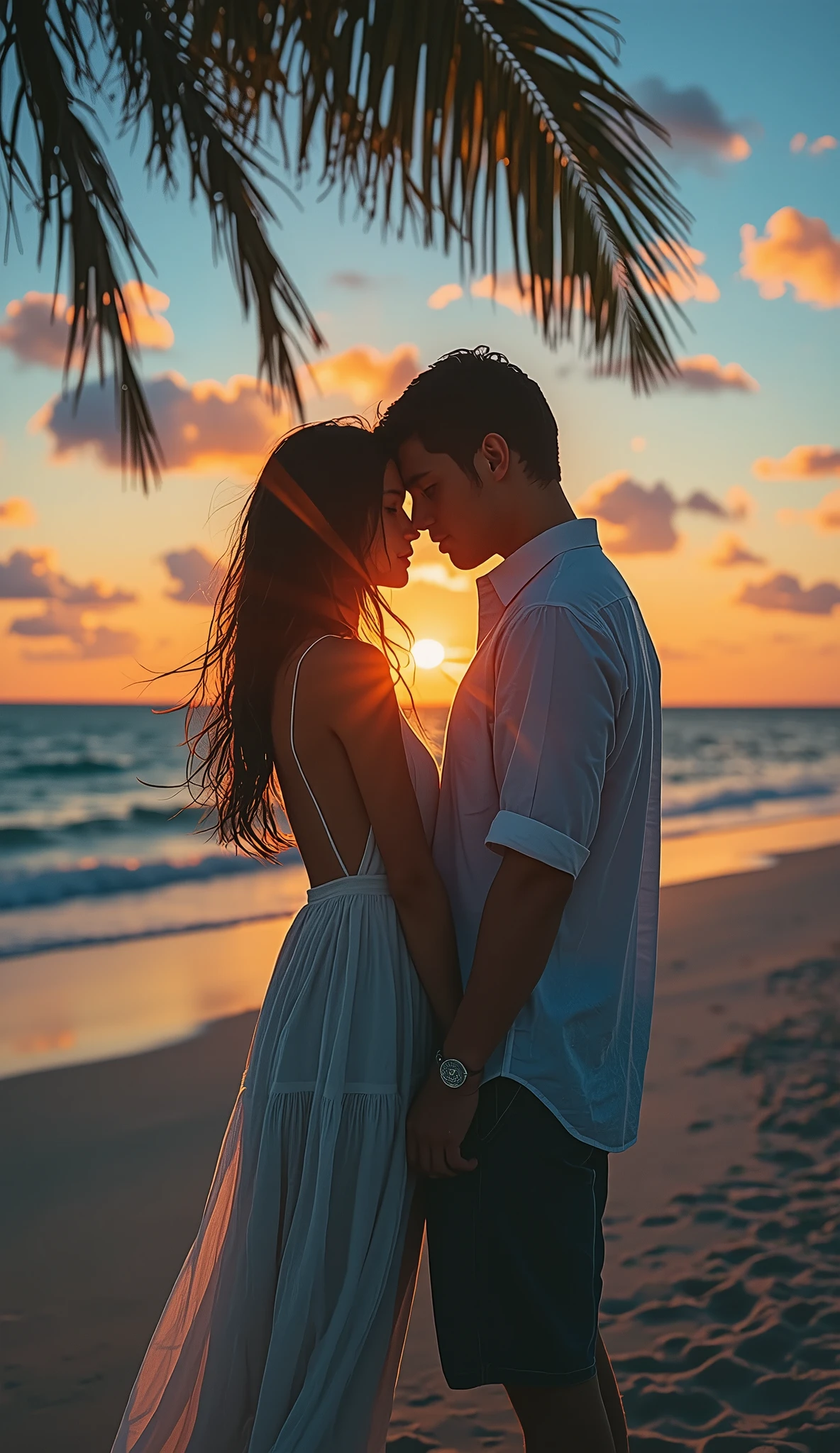intimate back view portrait of couple in close embrace standing side by side on beach, she wearing flowing white linen beach dress with open back and he in rolled-up linen shirt and shorts, dramatic cinematic lighting as evening sunlight creates ethereal lens flare around their silhouettes, her wavy hair gently moving in ocean breeze, moody color grading emphasizing golden skin tones against turquoise ocean horizon, ultra-shallow depth of field at f/1.4, emotional storytelling as their bodies lean into each other with hands intertwined, soft rim lighting outlining their sun-kissed shoulders, warm summer color palette with coral and gold highlights, sea spray catching light in background, white sand beach stretching endlessly, professional photography, bare feet in wet sand creating reflections, wispy clouds painted orange by setting sun, dreamy bokeh effect, palm fronds swaying overhead, her dress fabric catching wind creating elegant movement