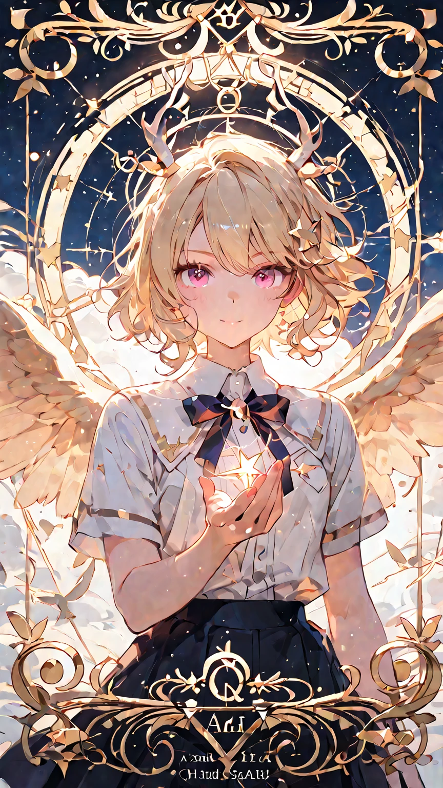 1 girl, cowboy shot, solo, perfect , standing, spread arms, mami tomoe, masterpiece, best quality, highres, big , closed eyes, :o, (fluttering skirt, white :1.2), sacred, glitter, sparkle, spot light,  clothes, wet, scenery, look another, face up, from side, headback