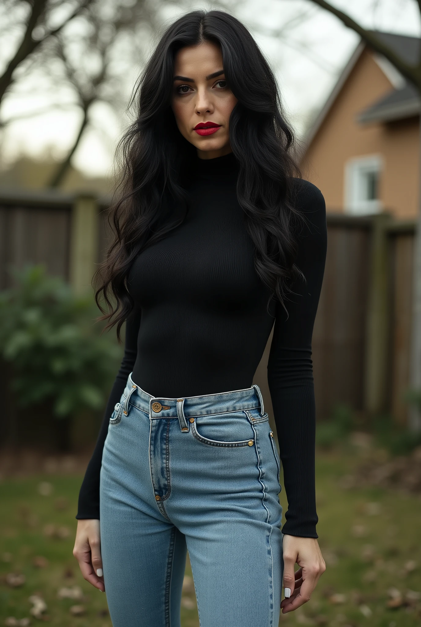 Photorealistic, full-body shot of a mature, commanding mistress. She towers over the viewer in a secluded backyard. A striking European beauty with long, wavy black hair, light skin, and bold red lipstick. She wears skin-tight light blue ultra-skinny jeans and a black fine-ribbed, tight long-sleeve top tucked neatly into her jeans. Her long, slender legs emphasize her imposing stance. She gazes down with a stern, commanding expression — radiating authority, dominance, and strict discipline. The atmosphere exudes menacing, intimidating vibes as she asserts her power and control.