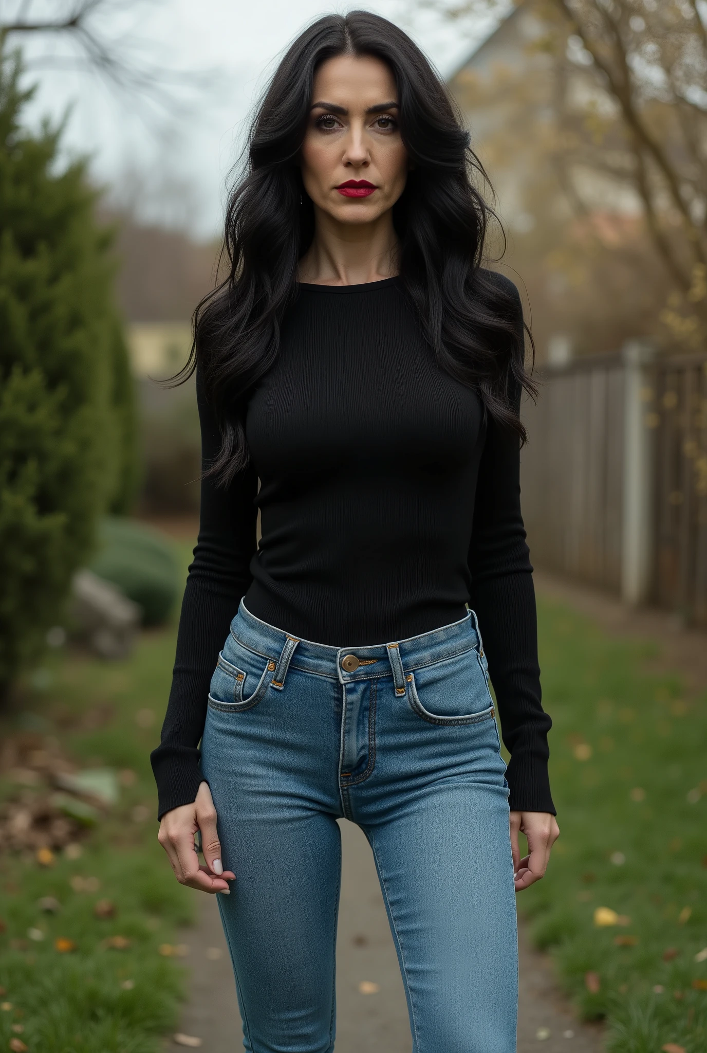 Photorealistic, full-body shot of a mature, commanding mistress. She towers over the viewer in a secluded backyard. A striking European beauty with long, wavy black hair, light skin, and bold red lipstick. She wears skin-tight light blue ultra-skinny jeans and a black fine-ribbed, tight long-sleeve top tucked neatly into her jeans. Her long, slender legs emphasize her imposing stance. She gazes down with a stern, commanding expression — radiating authority, dominance, and strict discipline. The atmosphere exudes menacing, intimidating vibes as she asserts her power and control.