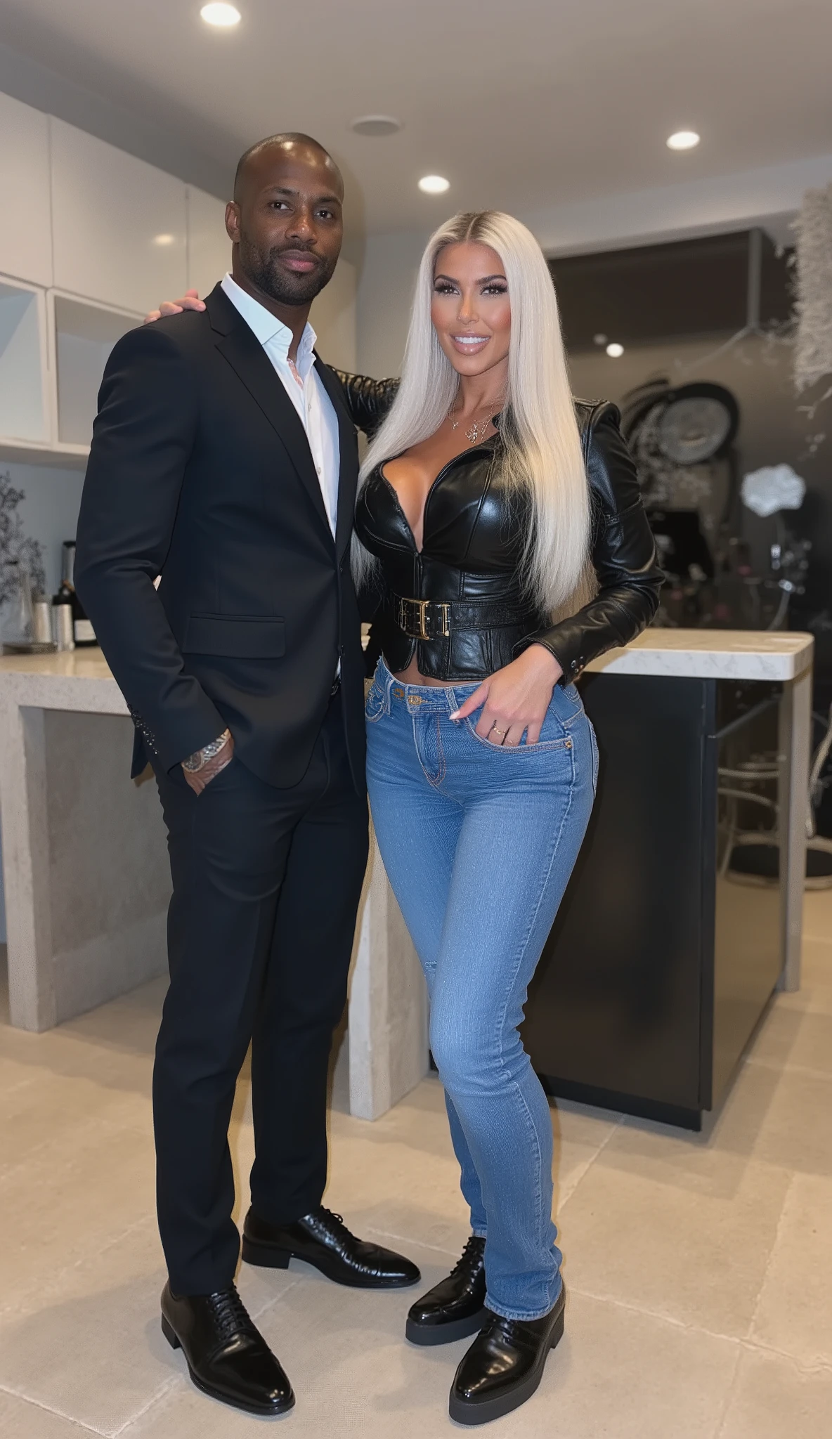 Kim Kardashian with long , glattem , blonde hair in tight-fitting, black leather blouse with collar and buttons and large cleavage, wide black belt , ,In very tight blue jeans and black sneakers , Kim is standing in a modern kitchen, standing next to Kim is a tall muscular African man in a suit , Kim is only half as tall as the man , , ( full body shot, You can also see Kim's feet )