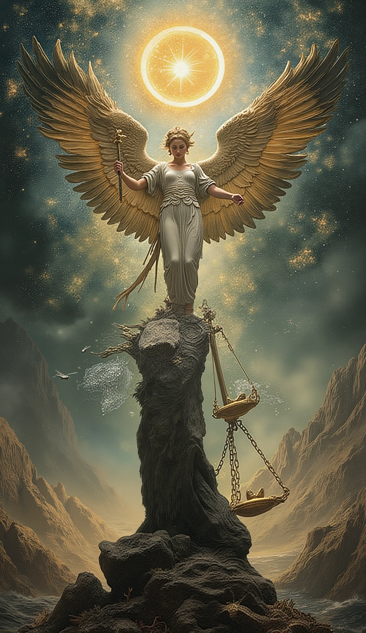 masterpiece, high details, Metaphysics, astronomical symbols, Reflection on justice, scales, strong winds rocking the scales,
masterpiece imperial colors fantastic view dramatic Magic Realism Astral weightlessness