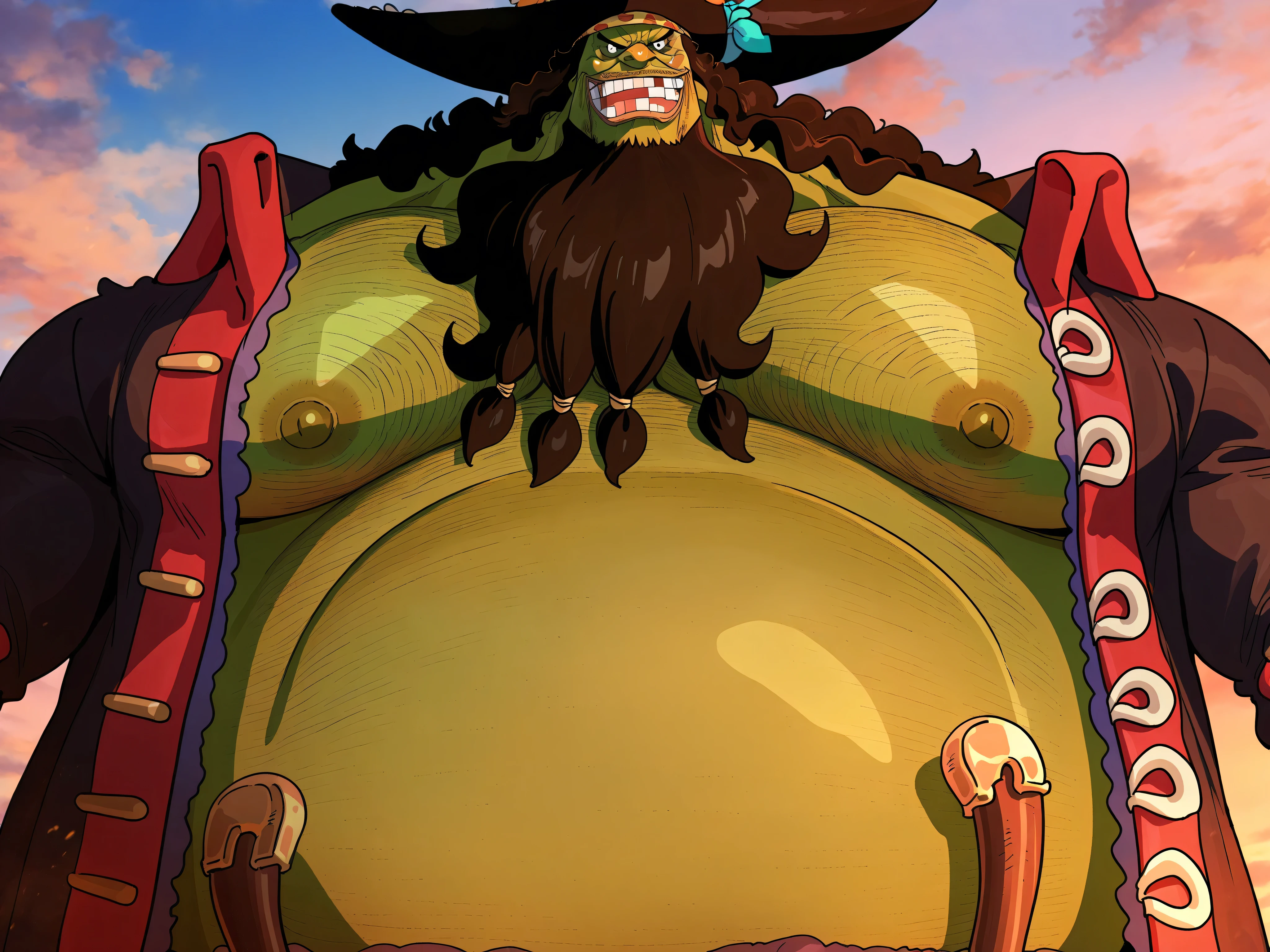 20r0j_2, zoroj, shading, anime screencap, ,marshall d teach, male missing tooth, black eyes, black beard, long hair male, long nose, hairy man, fat man, huge man, eyelashes, dark-skinned male, facial hair, ugly man,,solo, ((Marshall D. Teach)), ((green skin)), black eyes, Blackbeard , Long Nose, Fat Man, Giant Male, ((Marshal D. Teach's face)), ((perfect face)), belly showing , perfect eyes, ((perfect teeth))