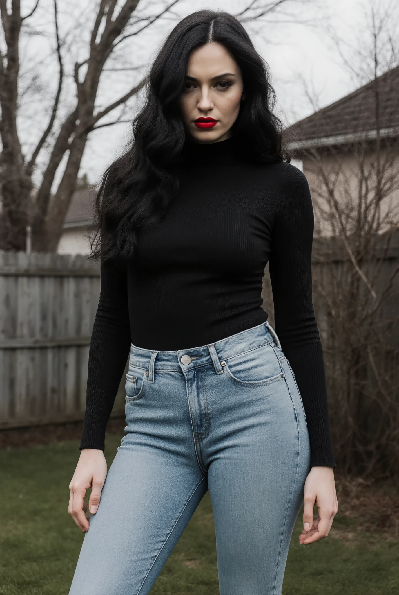 Photorealistic, full-body shot of a commanding mistress. She towers over the viewer in a secluded backyard, her presence overwhelming. A striking European beauty with long, wavy black hair, light skin, and bold red lipstick. She wears skin-tight light blue ultra-skinny jeans and a black fine-ribbed, tight long-sleeve top tucked neatly into her jeans. Her long, slender legs and powerful stance emphasize her authority. She looks down with an icy, unforgiving gaze — her stern, strict expression radiates dominance and absolute control. Her aura is intimidating, merciless, and impossible to challenge, the kind of presence that demands obedience and punishes even the thought of disobedience. The atmosphere is heavy with strict discipline, dominance, and unyielding authority.