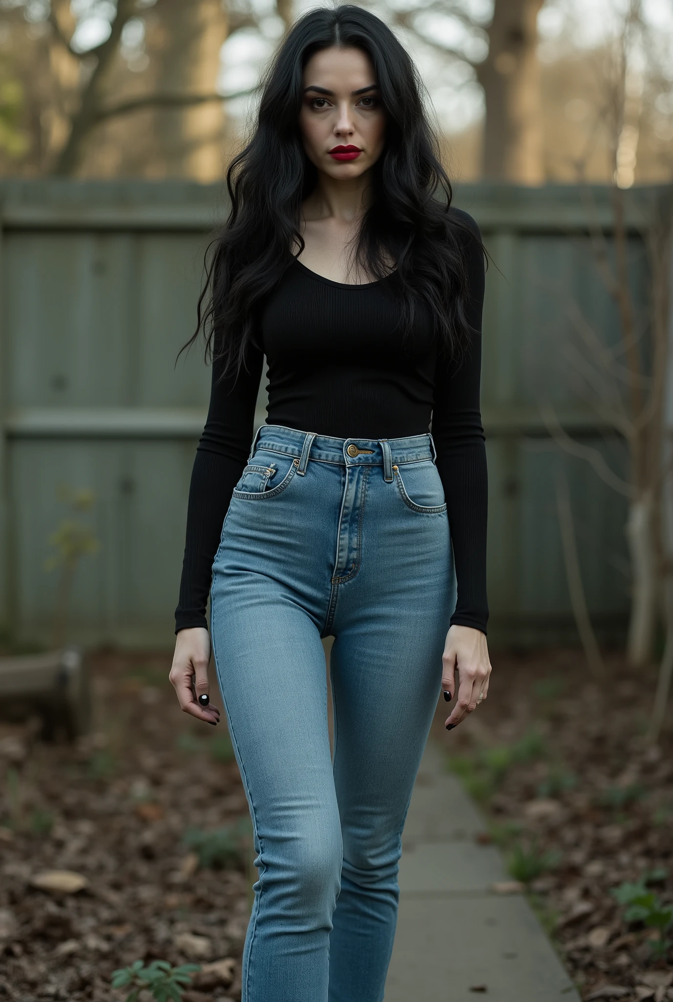 Photorealistic, full-body shot of a commanding mistress. She towers over the viewer in a secluded backyard, her presence overwhelming. A striking European beauty with long, wavy black hair, light skin, and bold red lipstick. She wears skin-tight light blue ultra-skinny jeans and a black fine-ribbed, tight long-sleeve top tucked neatly into her jeans. Her long, slender legs and powerful stance emphasize her authority. She looks down with an icy, unforgiving gaze — her stern, strict expression radiates dominance and absolute control. Her aura is intimidating, merciless, and impossible to challenge, the kind of presence that demands obedience and punishes even the thought of disobedience. The atmosphere is heavy with strict discipline, dominance, and unyielding authority.