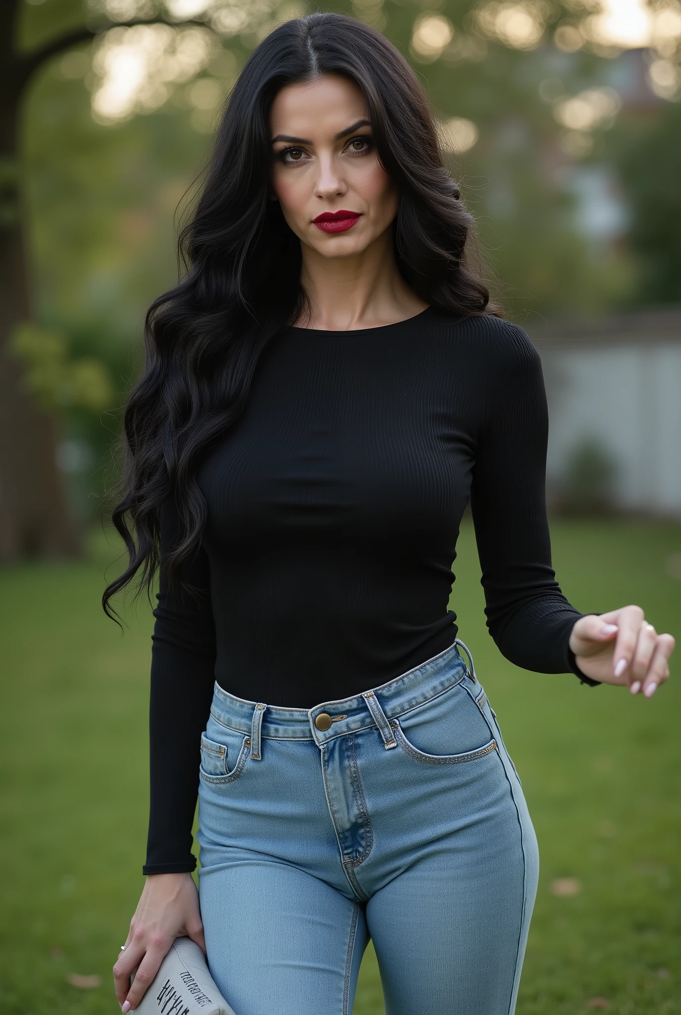 Photorealistic, full-body shot of a mature, commanding mistress. She towers over the viewer in a secluded backyard, leaning in closely, invading personal space with a dominating stance. A striking European beauty with long, wavy black hair, light skin, and bold red lipstick. She wears skin-tight light blue ultra-skinny jeans and a black fine-ribbed, tight long-sleeve top tucked neatly into her jeans. Her long, slender legs anchor her posture as she bends slightly forward, radiating raw control. She glares down with an icy, merciless stare — her strict, unforgiving expression leaves no room for defiance. Her presence feels menacing, suffocating, and impossible to resist, as though she would instantly punish any disobedience. The atmosphere is charged with strict discipline, absolute dominance, and unrelenting authority.
