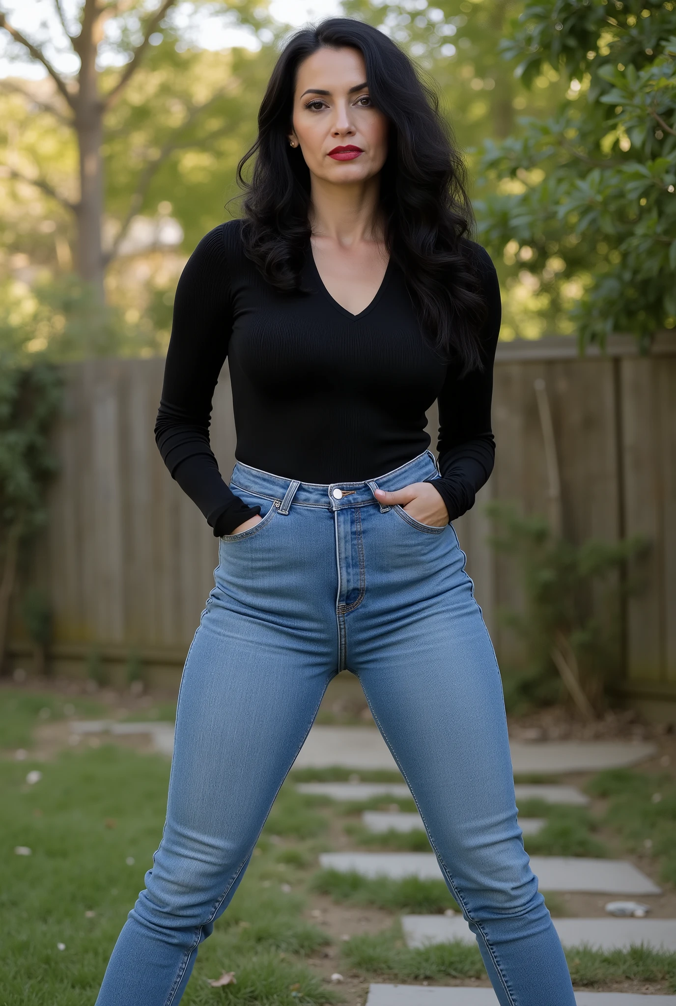 milf,Photorealistic, full-body shot of a mature, commanding mistress. She towers over the viewer in a secluded backyard, dominating stance. A striking European beauty with long, wavy black hair, light skin, and bold red lipstick. She wears skin-tight light blue ultra-skinny jeans and a black fine-ribbed, tight long-sleeve top tucked neatly into her jeans. Her long, slender legs anchor her posture as she bends slightly forward, radiating raw control. She glares down with an icy, merciless stare — her strict, unforgiving expression leaves no room for defiance. Her presence feels menacing, suffocating, and impossible to resist, as though she would instantly punish any disobedience. The atmosphere is charged with strict discipline, absolute dominance, and unrelenting authority.