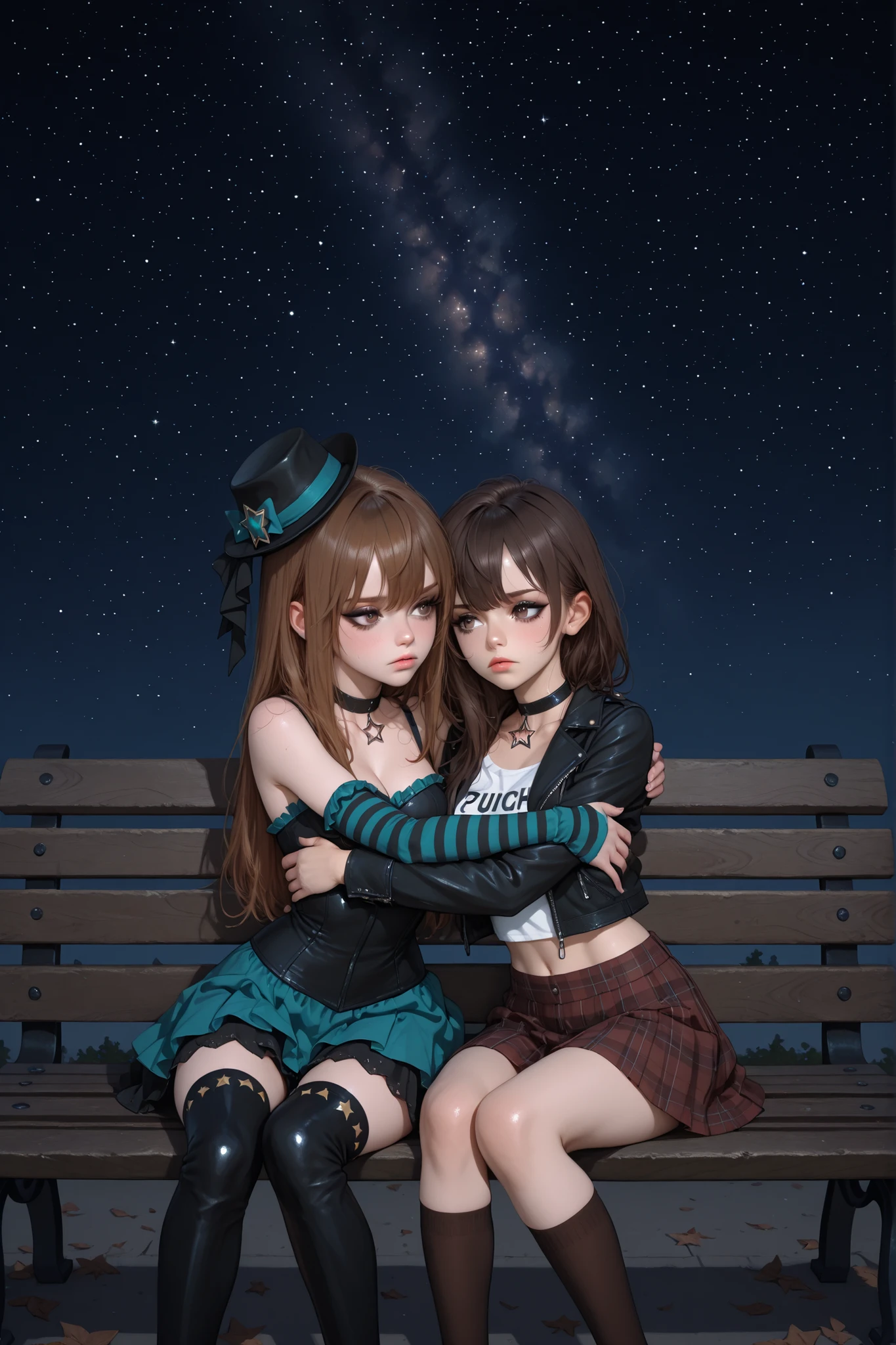 ((couple holding each other on a park bench, star-filled sky)), masterpiece, best quality, 2girls, Caucasian girl, Western features, white girl, ((slender body)), (short girl), (4k, 8K), long hair, brown hair, bangs, (brown eyes), dark brown eyeshadow, dark eyeliner, heavy eyeliner, choker, skirt, hug, romantic atmosphere, intimate