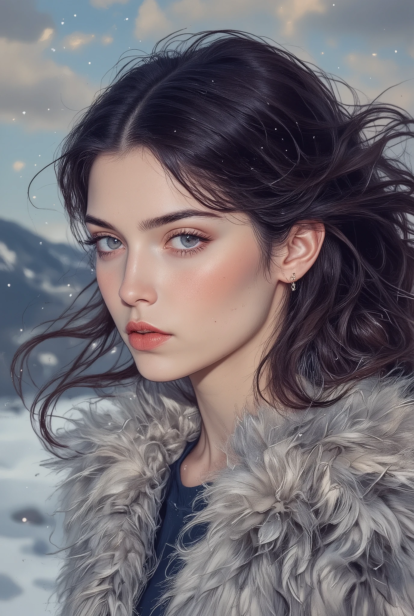 Silky black hair waving in the wind，Deformed Ears，starry eyes，rusted pink cheeks，cherry lips ， flawless oval face , shy and affectionate look，Pele lisa, Refined and elegant, fur coat , rustic snow background scenery