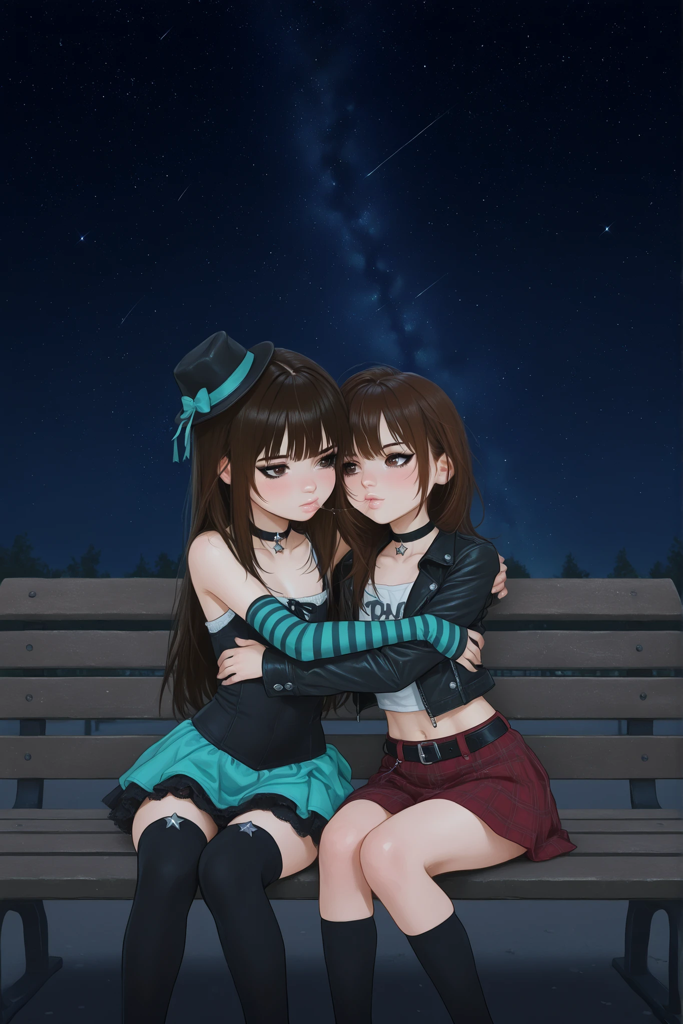 ((young models holding each other on a park bench, star-filled sky, kiss)), masterpiece, best quality, 2girls, Caucasian girl, Western features, white girl, ((slender body)), (short girl), (4k, 8K), long hair, brown hair, bangs, (brown eyes), dark brown eyeshadow, dark eyeliner, heavy eyeliner, choker, skirt, hug, romantic atmosphere, intimacy