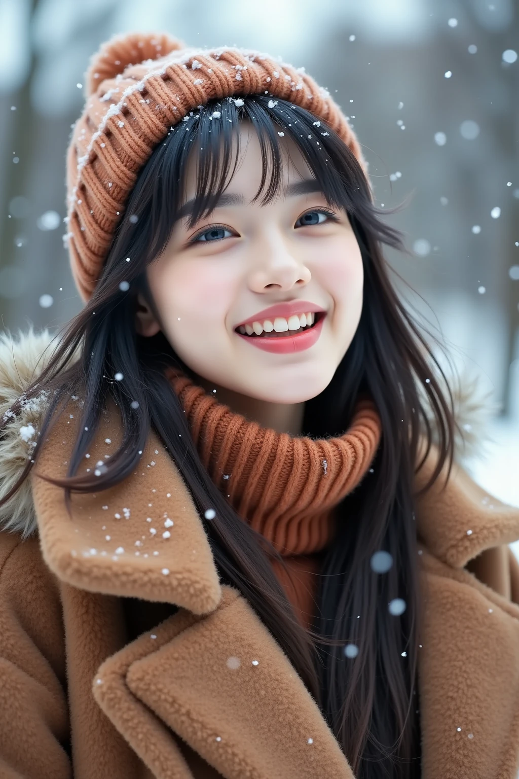 Realistic photo of beautiful Korean female, one side up, 32 inch bust size, yellow sweater, slightly smile, in the snowfall, snow and Christmas tree is background, close-up, UHD