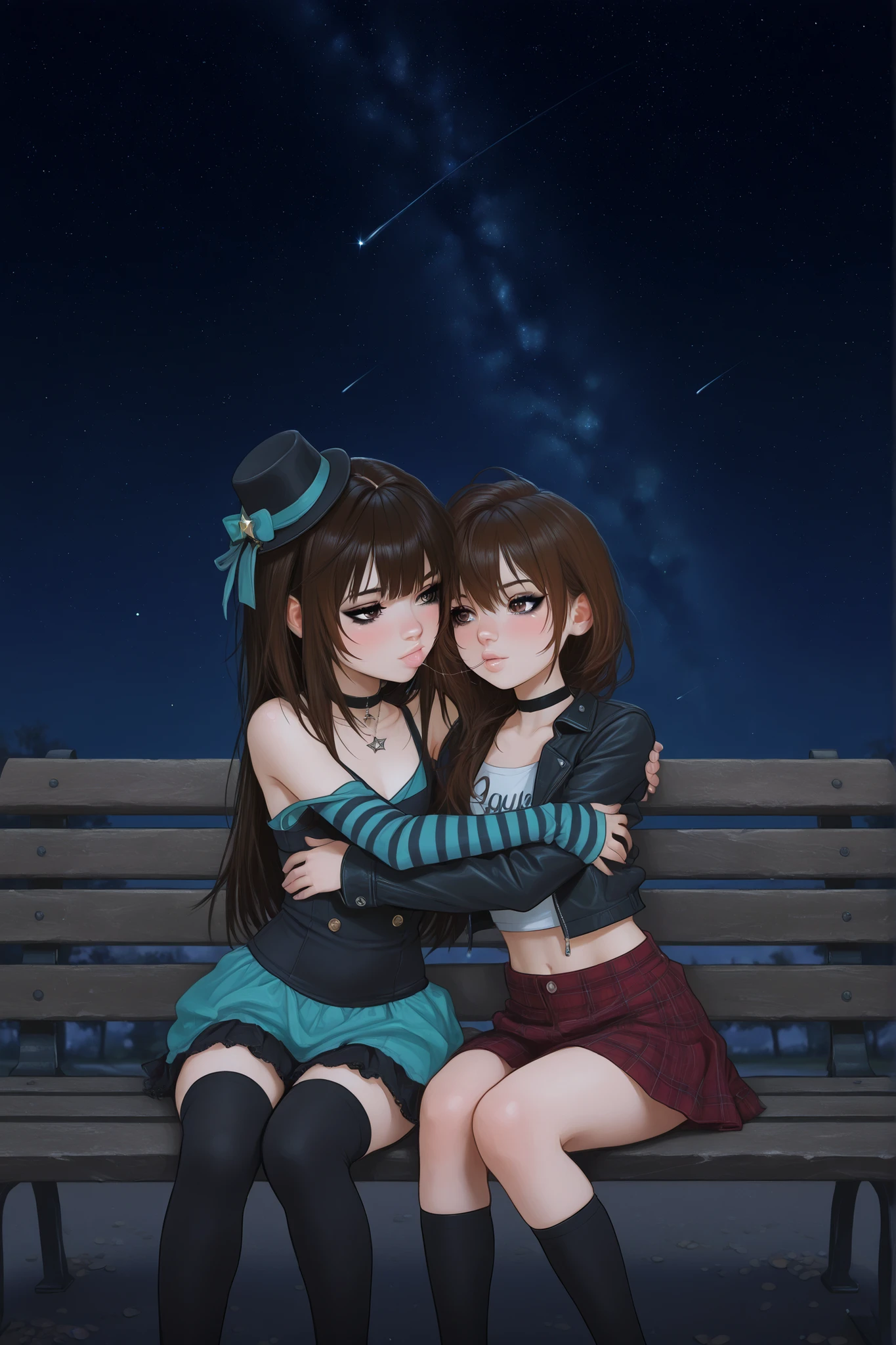 ((young models holding each other on a park bench, star-filled sky, kiss)), masterpiece, best quality, 2girls, Caucasian girl, Western features, white girl, ((slender body)), (short girl), (4k, 8K), long hair, brown hair, bangs, (brown eyes), dark brown eyeshadow, dark eyeliner, heavy eyeliner, choker, skirt, hug, romantic atmosphere, intimacy