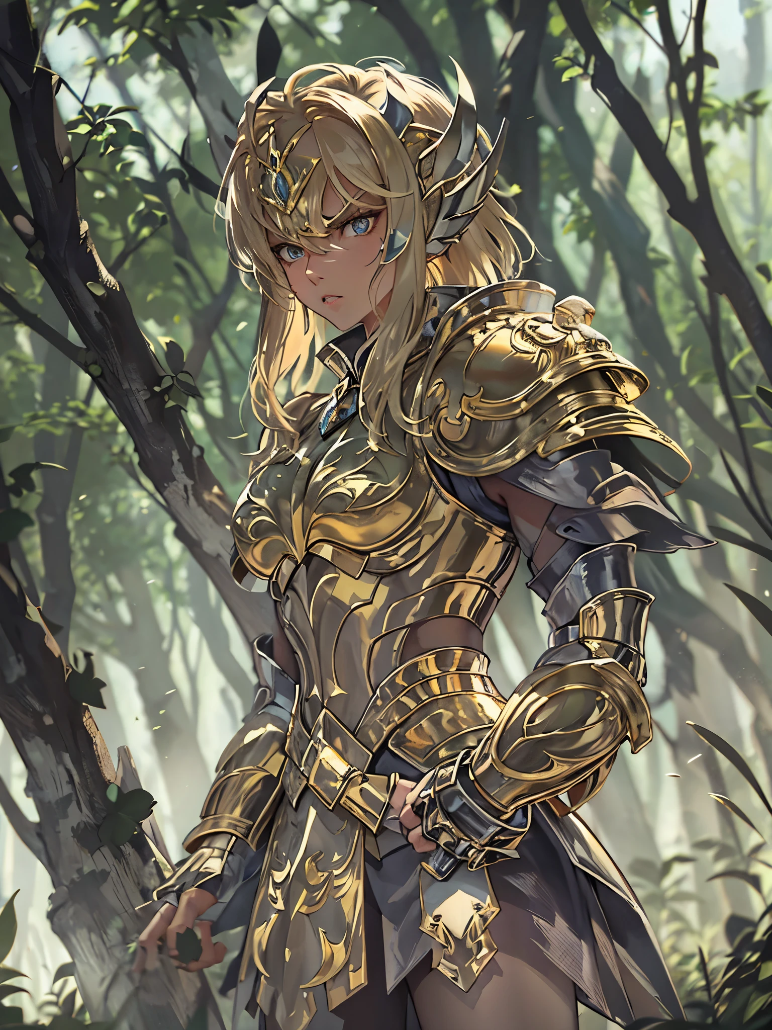 in dark forest, 1 girl wearing gold armor,  angry, 8k, hires, 