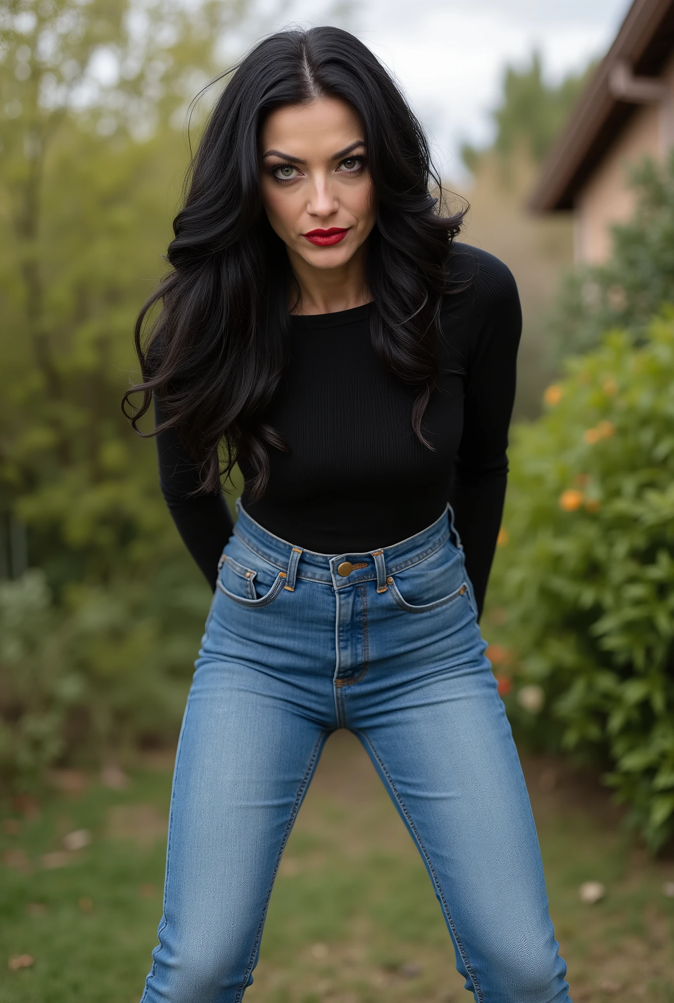 milf,Photorealistic, full-body shot of a mature, commanding mistress. She towers over the viewer in a secluded backyard, dominating stance. A striking European beauty with long, wavy black hair, light skin, and bold red lipstick. She wears skin-tight light blue ultra-skinny jeans and a black fine-ribbed, tight long-sleeve top tucked neatly into her jeans. Her long, slender legs anchor her posture as she bends slightly forward, radiating raw control. She glares down with an icy, merciless stare — her strict, unforgiving expression leaves no room for defiance. Her presence feels menacing, suffocating, and impossible to resist, as though she would instantly punish any disobedience. The atmosphere is charged with strict discipline, absolute dominance, and unrelenting authority.