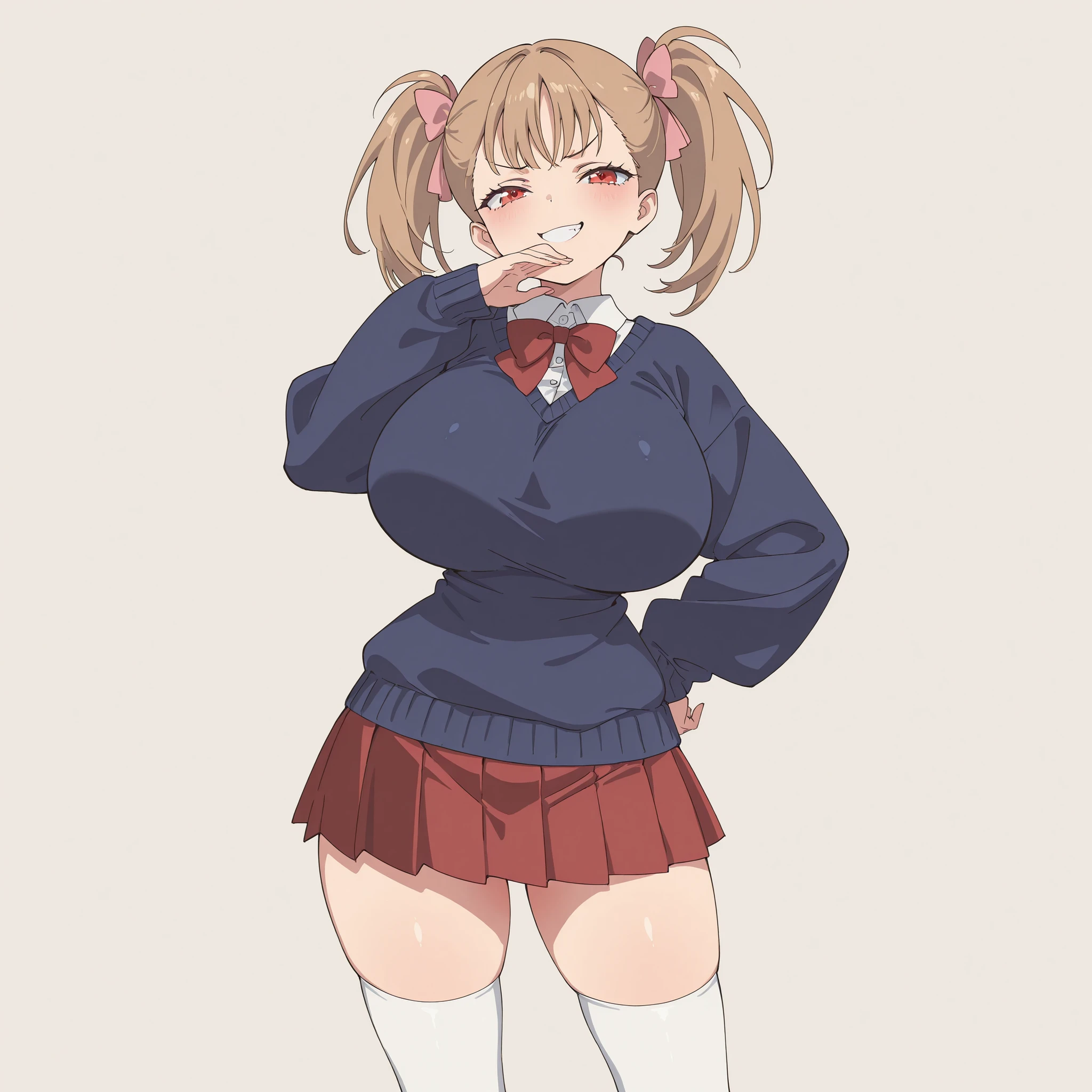 masterpiece, ultra-HD, impressionism, high detail, best quality, very aesthetic, 8K, best quality, beautiful, ultra-high resolution, 32K UHD, 1girl, solo, Rumi, light brown hair, twin pigtails, middle bangs, hair ribbons, pink ribbons, red eyes, eyelashes, , narrow waist, wide , thick thighs, shapely legs, slim, white buttoned shirt, shirt collar, red bowtie, red pleated skirt, navy blue sweater, white thigh high socks, blushed, smug, smirk, laughing, cute, ojou-sama pose, hand on , standing, looking at the viewer, simple background, front view