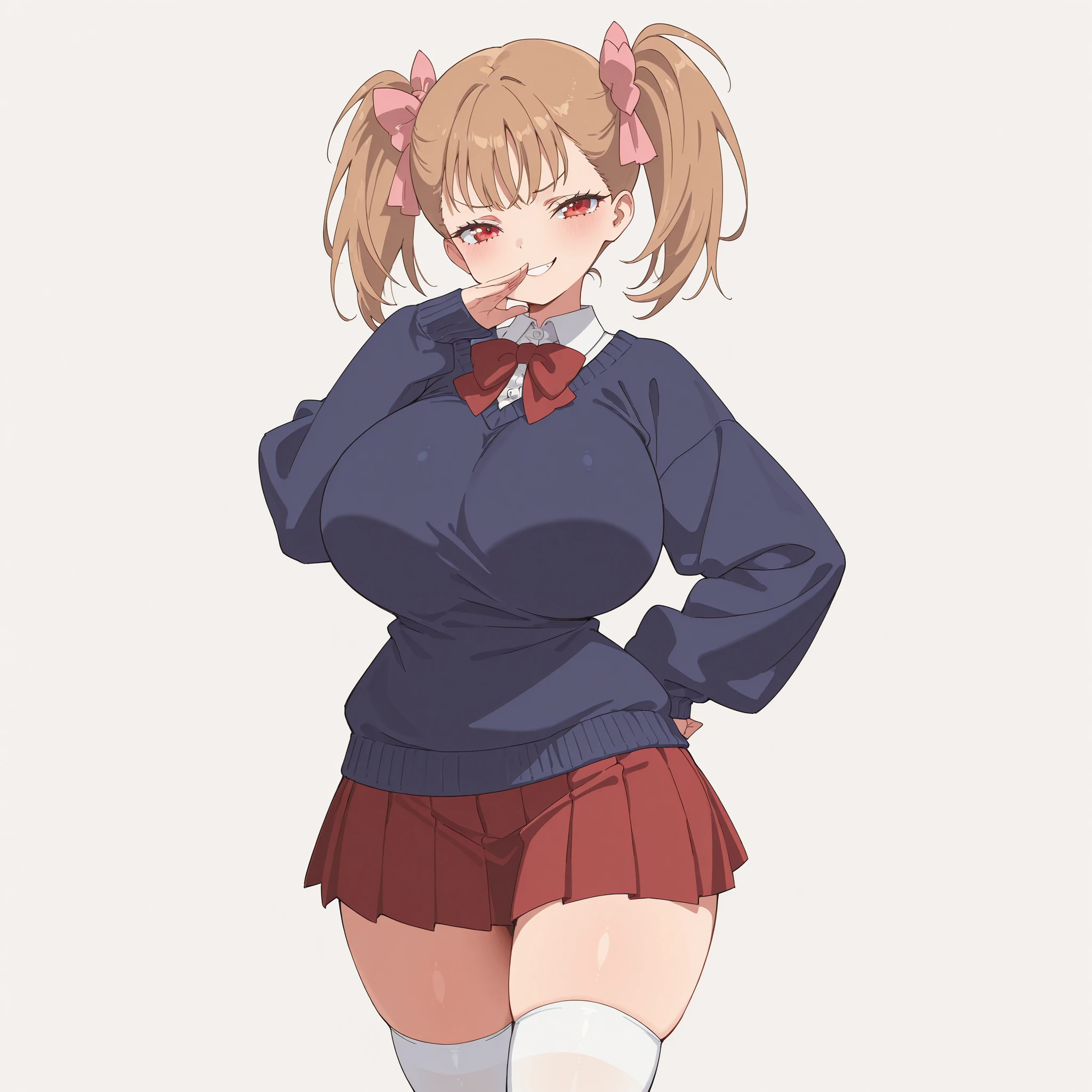 masterpiece, ultra-HD, impressionism, high detail, best quality, very aesthetic, 8K, best quality, beautiful, ultra-high resolution, 32K UHD, 1girl, solo, Rumi, light brown hair, twin pigtails, middle bangs, hair ribbons, pink ribbons, red eyes, eyelashes, , narrow waist, wide , thick thighs, shapely legs, slim, white buttoned shirt, shirt collar, red bowtie, red pleated skirt, navy blue sweater, white thigh high socks, blushed, smug, smirk, laughing, cute, ojou-sama pose, hand on , standing, looking at the viewer, simple background, front view