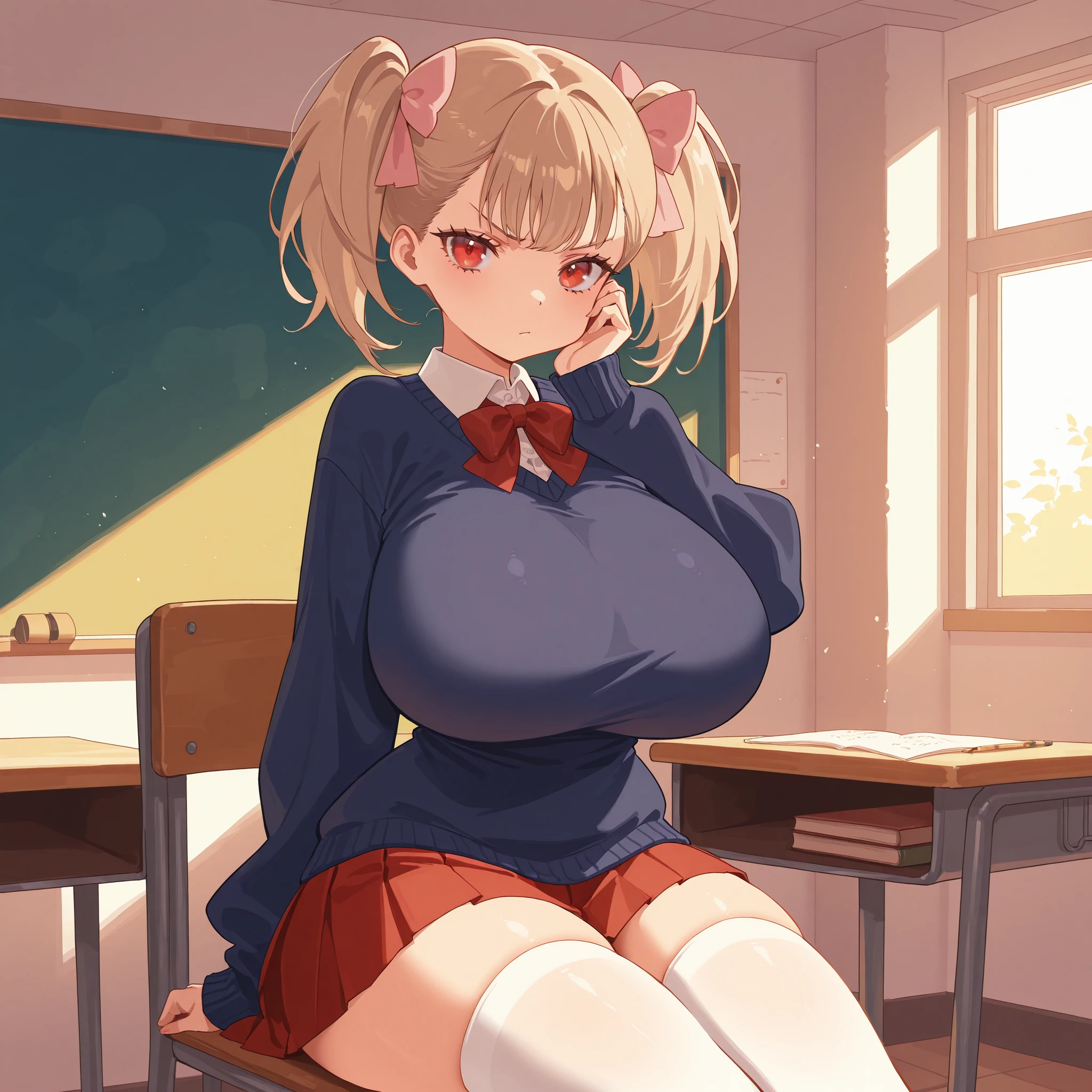 masterpiece, ultra-HD, impressionism, high detail, best quality, very aesthetic, 8K, best quality, beautiful, ultra-high resolution, 32K UHD, 1girl, solo, Rumi, light brown hair, twin pigtails, middle bangs, hair ribbons, pink ribbons, red eyes, eyelashes, , narrow waist, wide , thick thighs, shapely legs, slim, white buttoned shirt, shirt collar, red bowtie, red pleated skirt, navy blue sweater, white thigh high socks, blushed, bored, angry, cute, hand over , hand on cheek, sitting on a chair, looking at the viewer, classroom background, front view