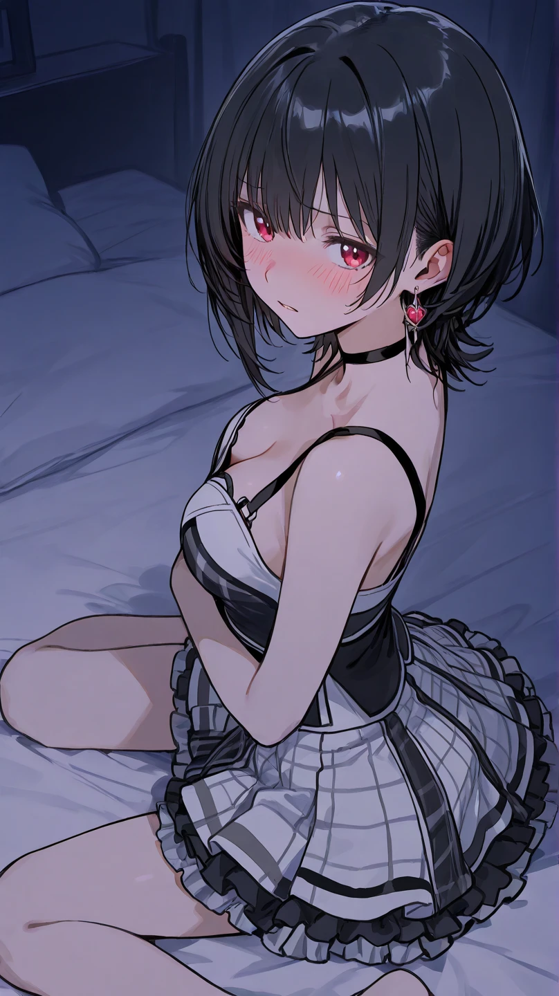 Hands Behind Back,Tied with hands behind back,from front,front view,looking at viewer, looking ahead,from above,cowboy shot,1girl,Beautiful 14 year old girl,Japanese,Slender,,low length,Small breasts,Thin legs,Small Ass,Baby Face,Small face,Black Hair,one side up,Gray Eyes,slit pupils,Drooping eyes,middle School girls,Sheer black and pink negligee,lingerie,Collar with leash,open mouth,tongue out,front face,Kneeling,Straight Stand,Beautiful and detailed anime art,Mischievous smile,Sexy vibe,cum on tongue,Dimly lit room,On the bed,Simple Background,Gray background,Low lighting,
